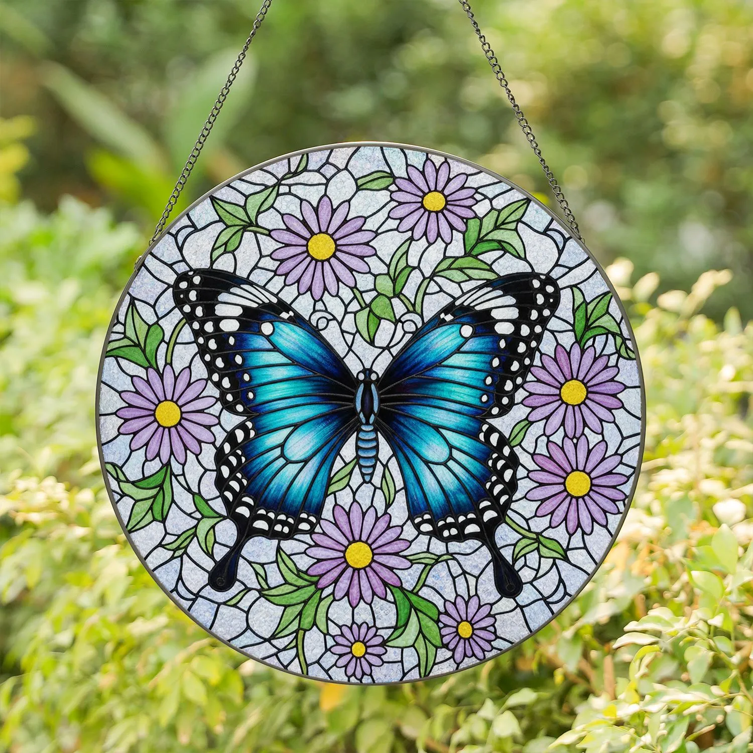 Iridescent Blue Teal Butterfly - Tiffany Stained Glass Mosaic with Purple Lavender Flowers Stained Glass Suncatcher - 1