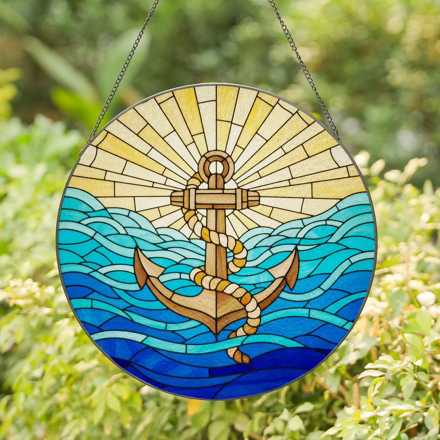 Bronze Gold Nautical Anchor Rope Ocean Waves Sky Sunburst Tiffany Style Glass Stained Glass Suncatcher - 1
