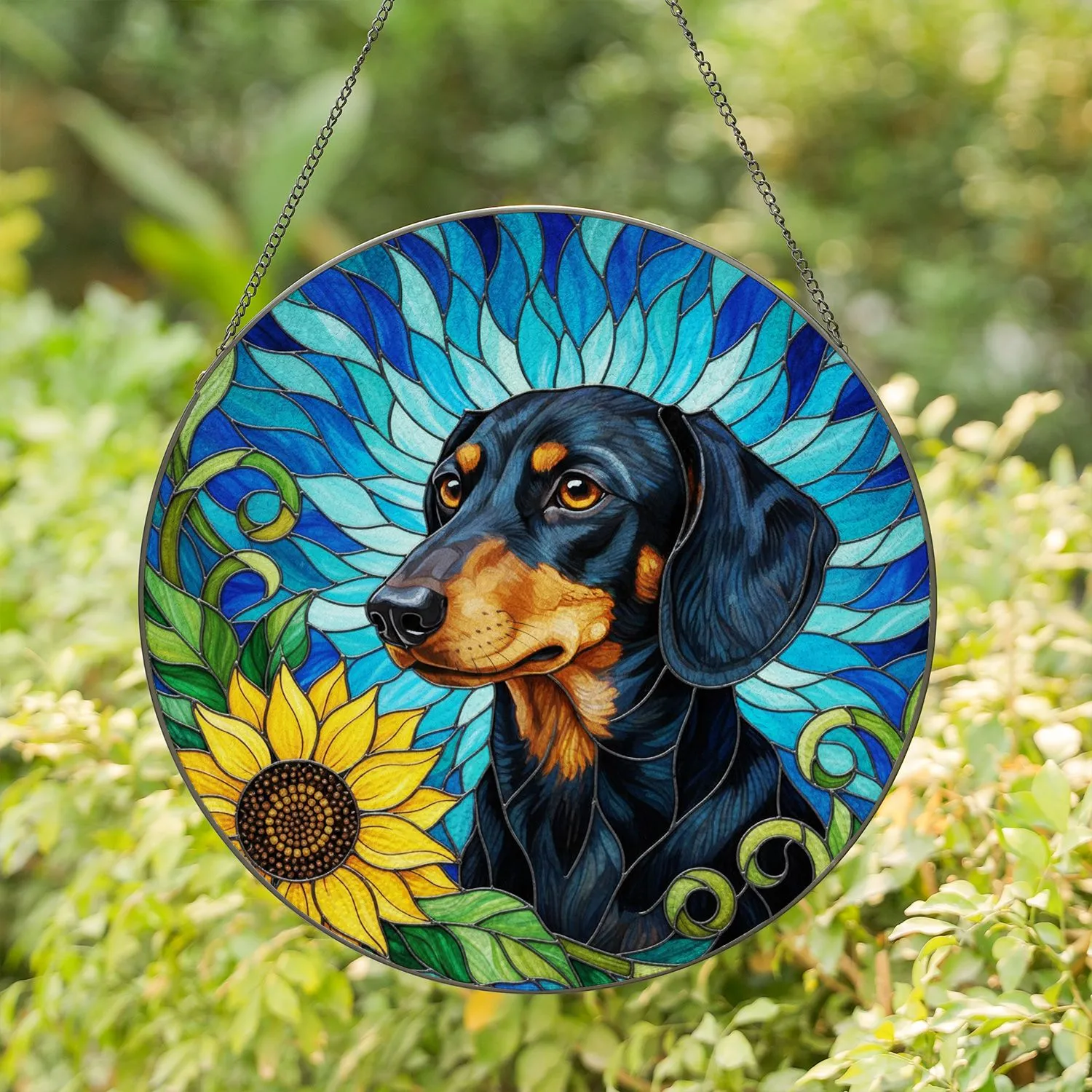 Black Tan Dachshund Dog Stained Glass Sunflower, Green Leaves, Intricate Blue Teal Mosaic Stained Glass Suncatcher - 1