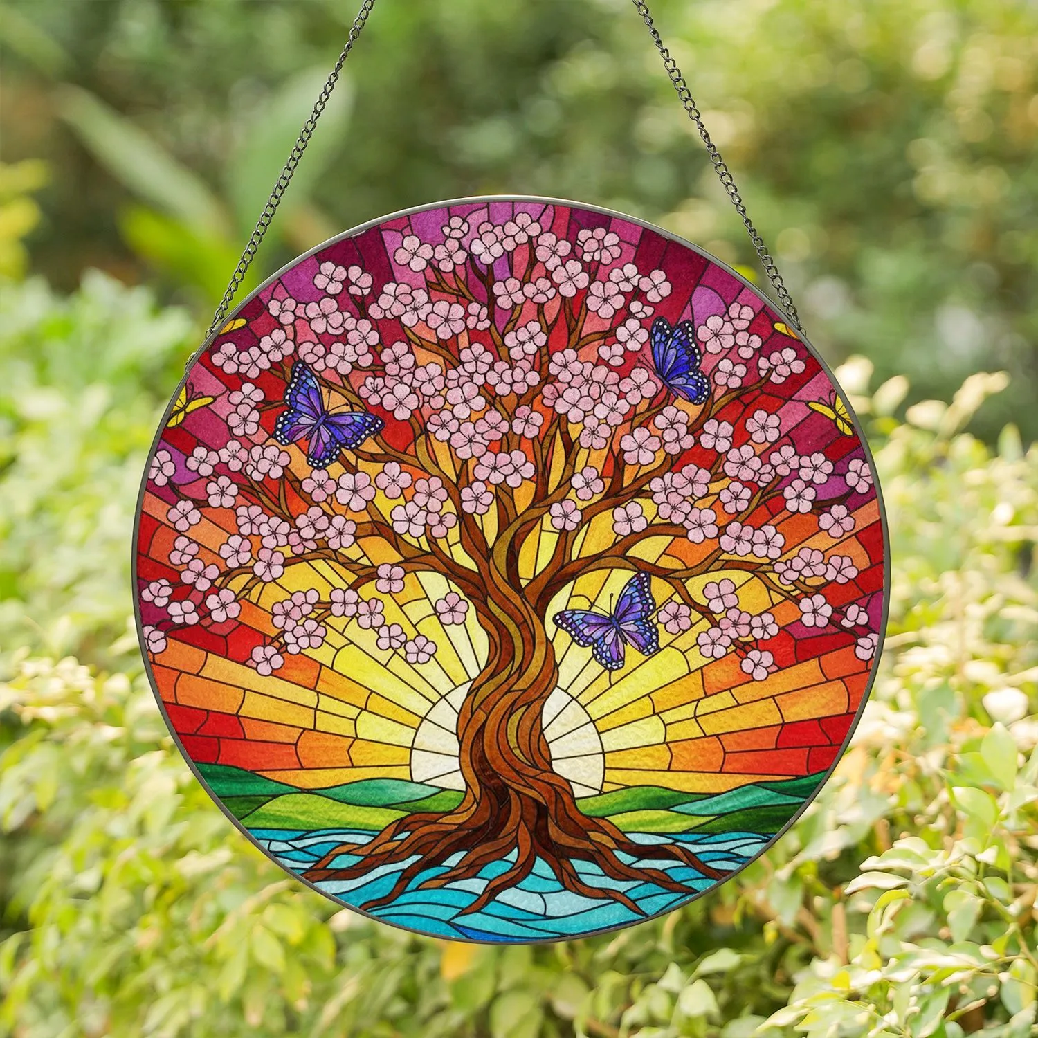Stained Glass Tree of Life Cherry Blossom Butterfly Sunburst Water Mosaic Art Stained Glass Suncatcher - 1