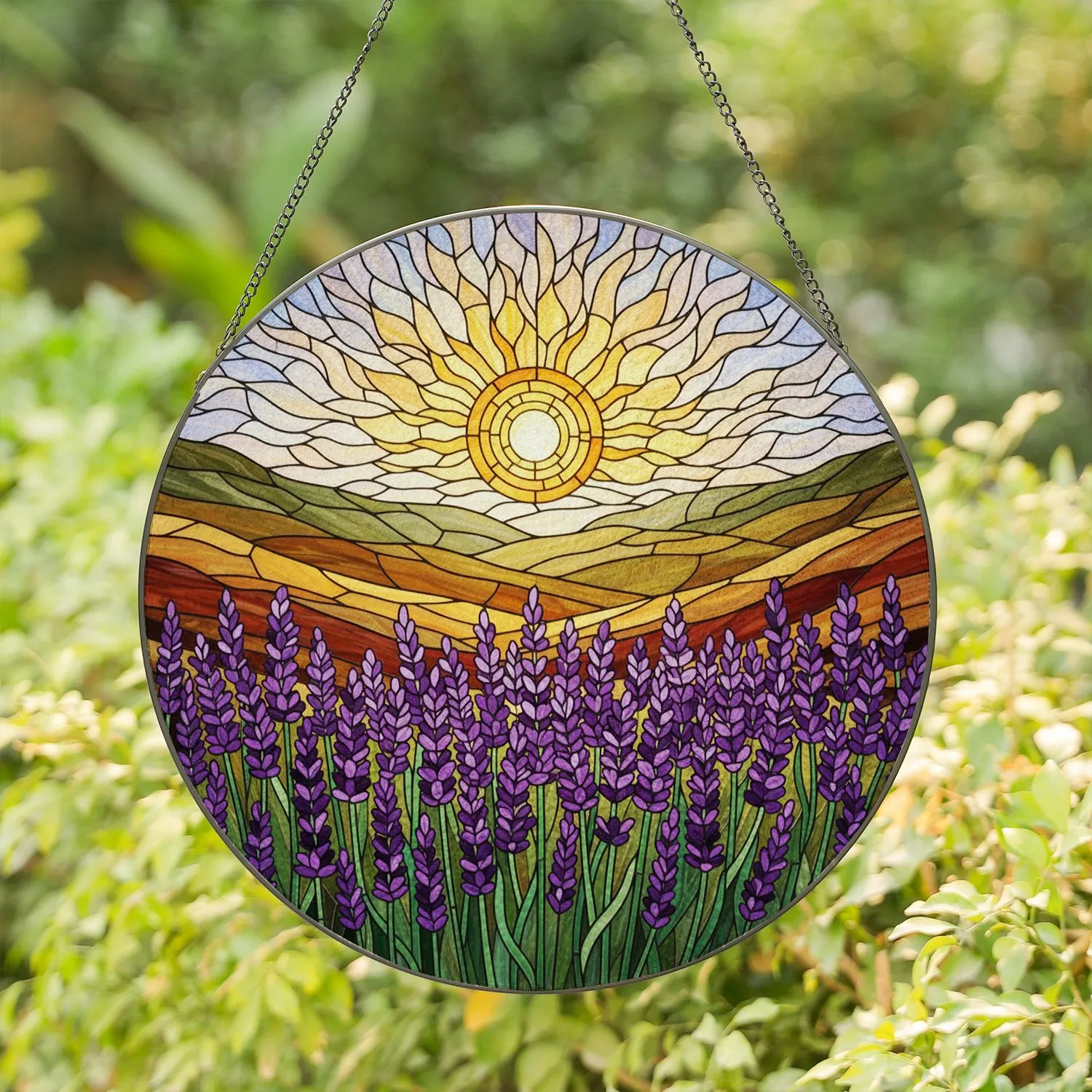 Tiffany Stained Glass Lavender Flower Spikes Sun Hills Cloudscape - Nature Home Gift Stained Glass Suncatcher - 1