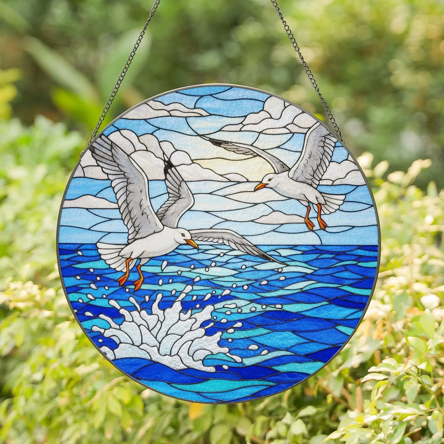 Two Seagulls Mid-Flight Ocean Waves Sky Clouds - Jewel Tone Stained Glass Art Decor Gift Stained Glass Suncatcher - 1