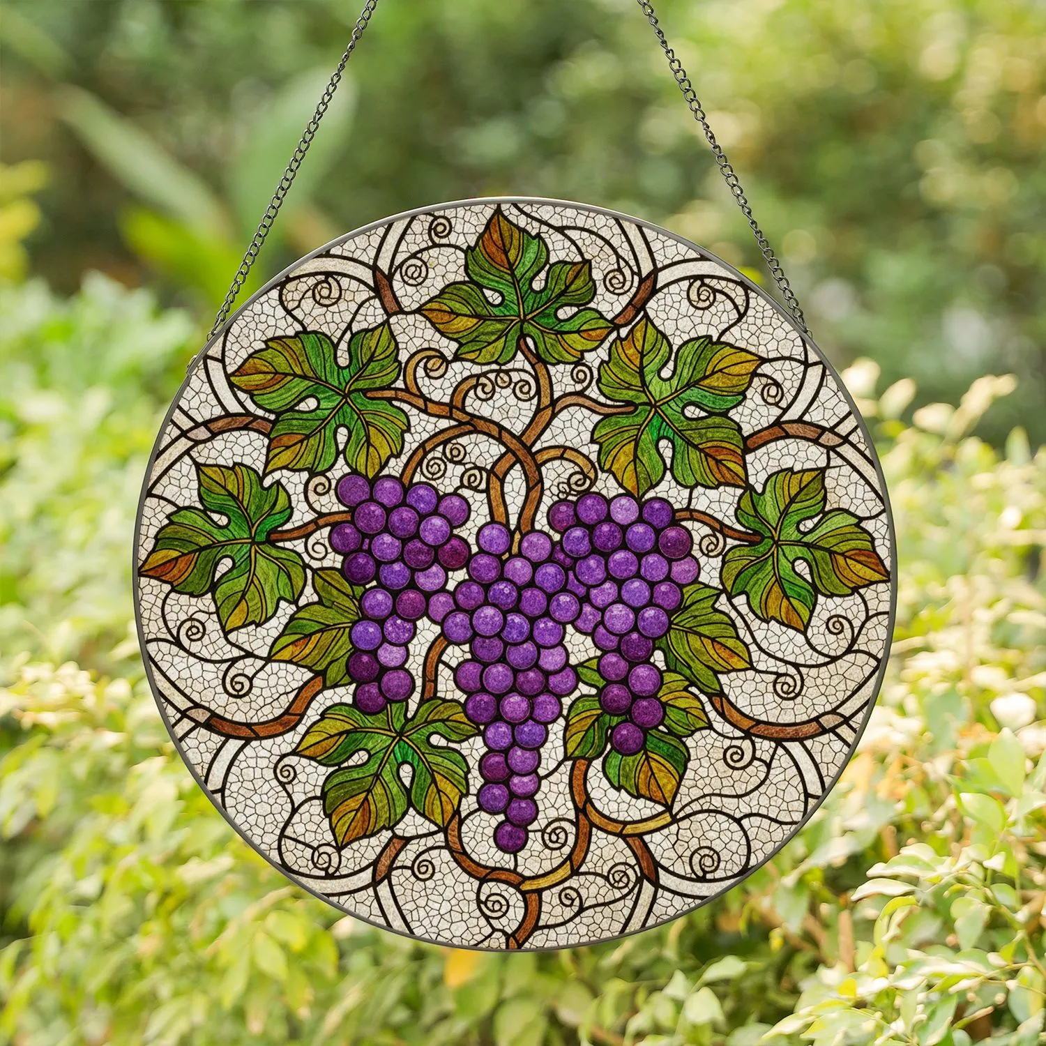 High Contrast Purple Grapes Stained Glass Art - Tiffany Style Grapevine Mosaic Design Stained Glass Suncatcher - 1