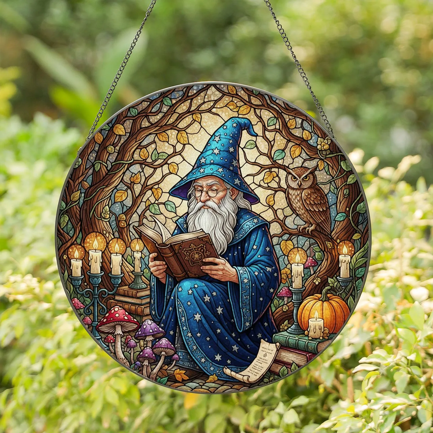 Stained Glass Gnome Wizard Reading Ancient Book - Enchanted Forest Magic Fantasy Gift Stained Glass Suncatcher - 1