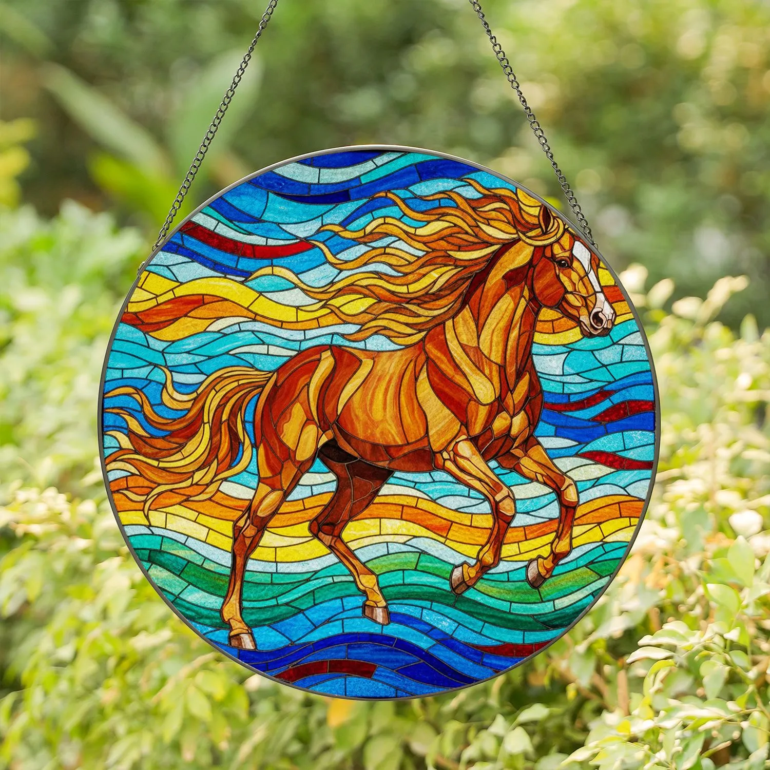 Dynamic Galloping Bay Horse Stained Glass Art - Tiffany Style Jewel Tone Mosaic Decor Stained Glass Suncatcher - 1