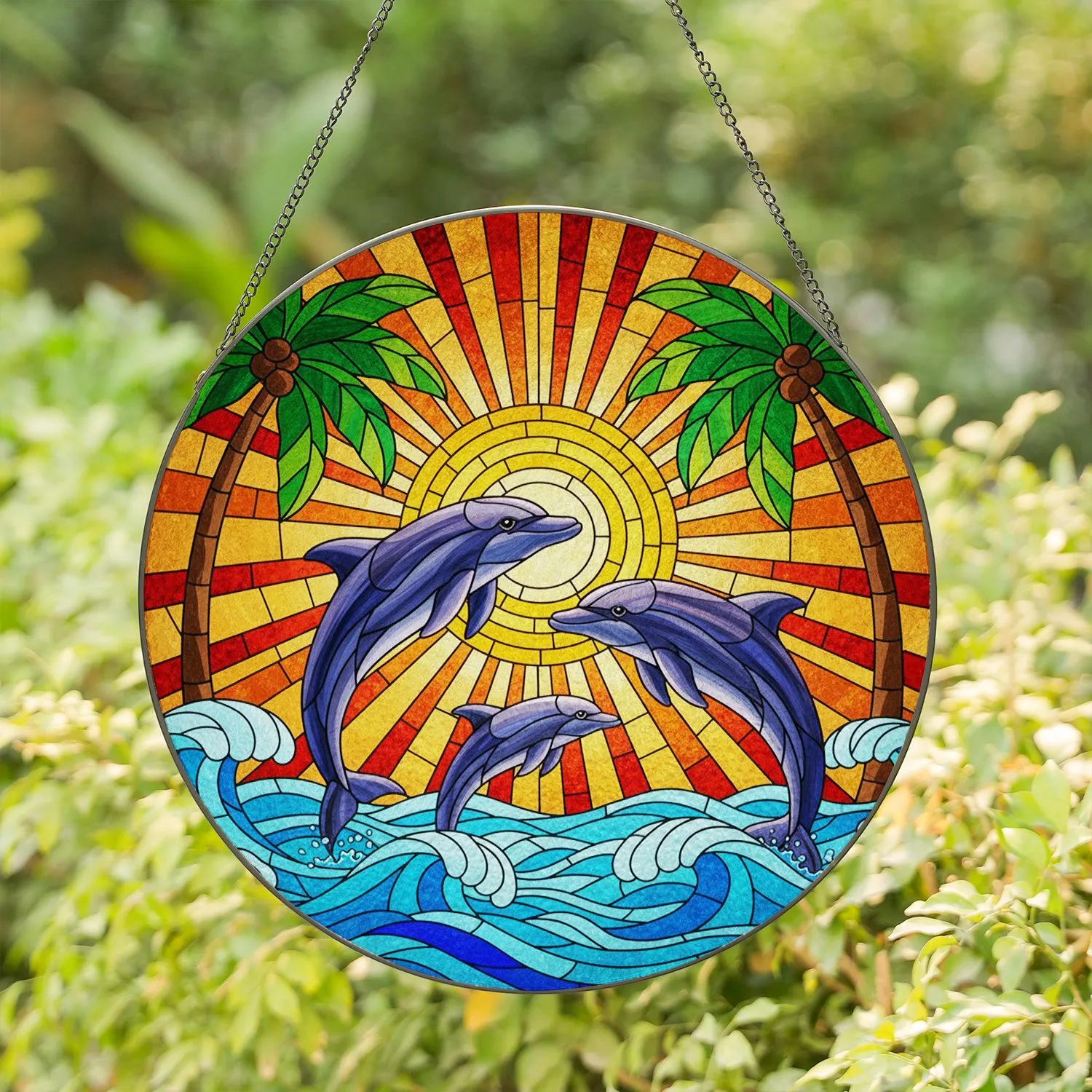 Dolphins Tropical Sunset Ocean Waves Palm Trees Tiffany Style Stained Glass Gift Stained Glass Suncatcher - 1