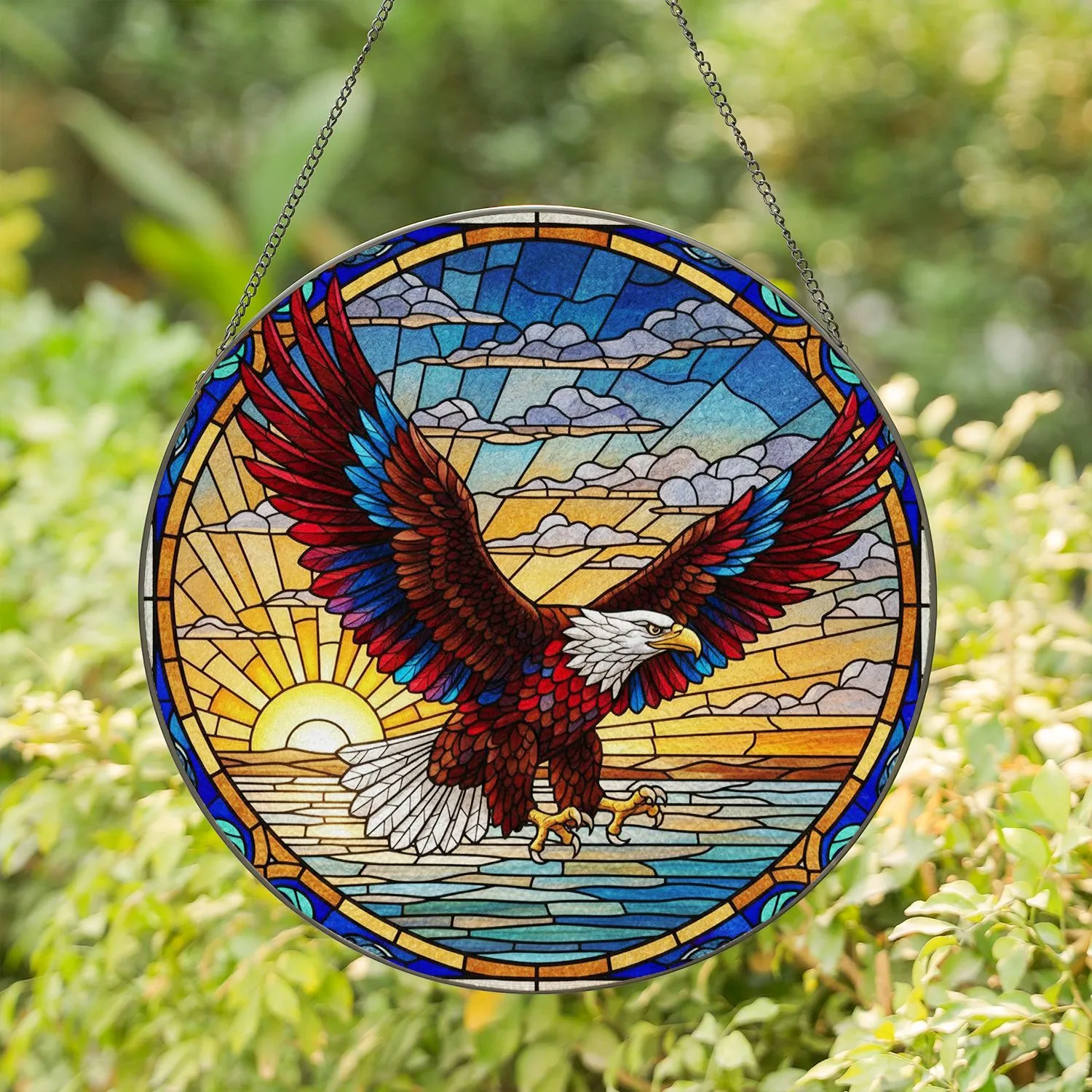 Bald Eagle Tiffany Glass - Majestic Flight, Radiant Sunset Sky, Ornate Jewel Patterns Stained Glass Suncatcher - 1