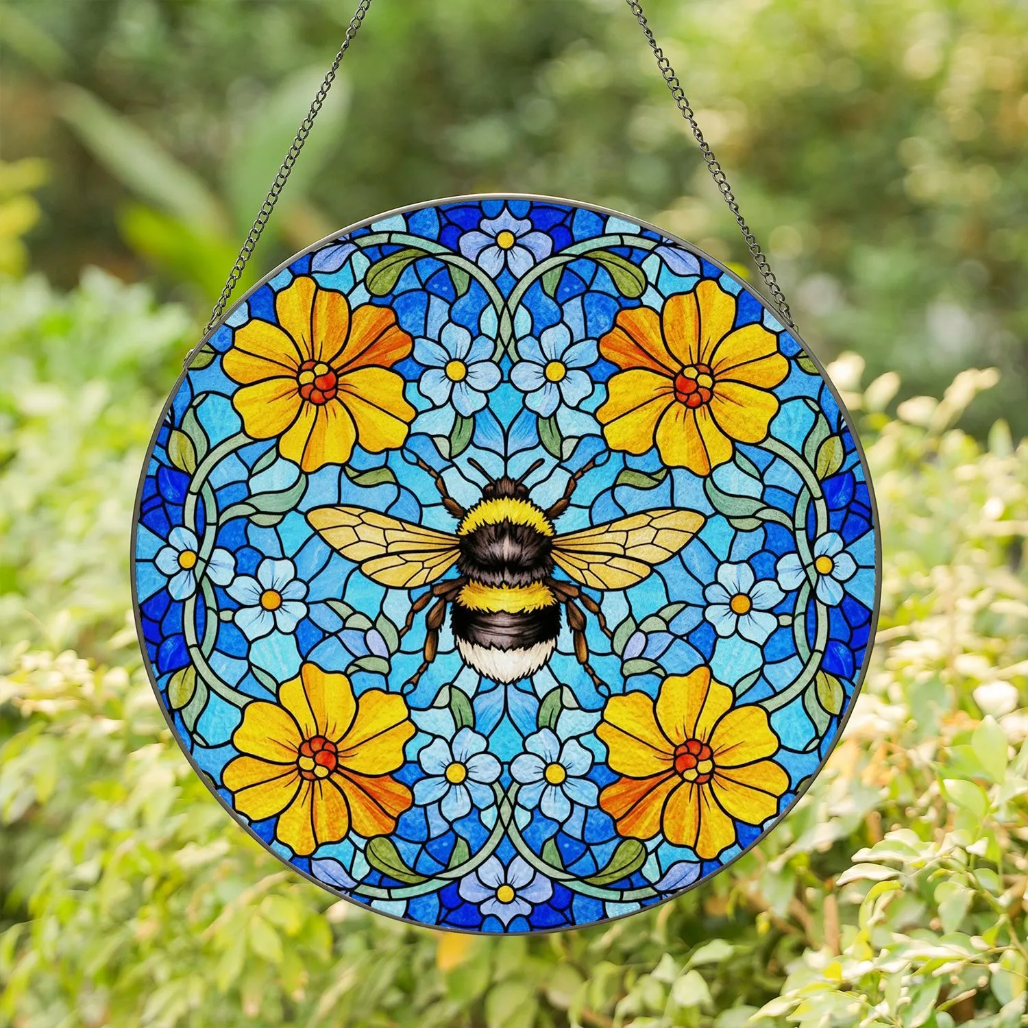 Bumblebee Tiffany Stained Glass Floral Mosaic - Jewel Tones Sky Blue Suncatcher Art Stained Glass Suncatcher - 1