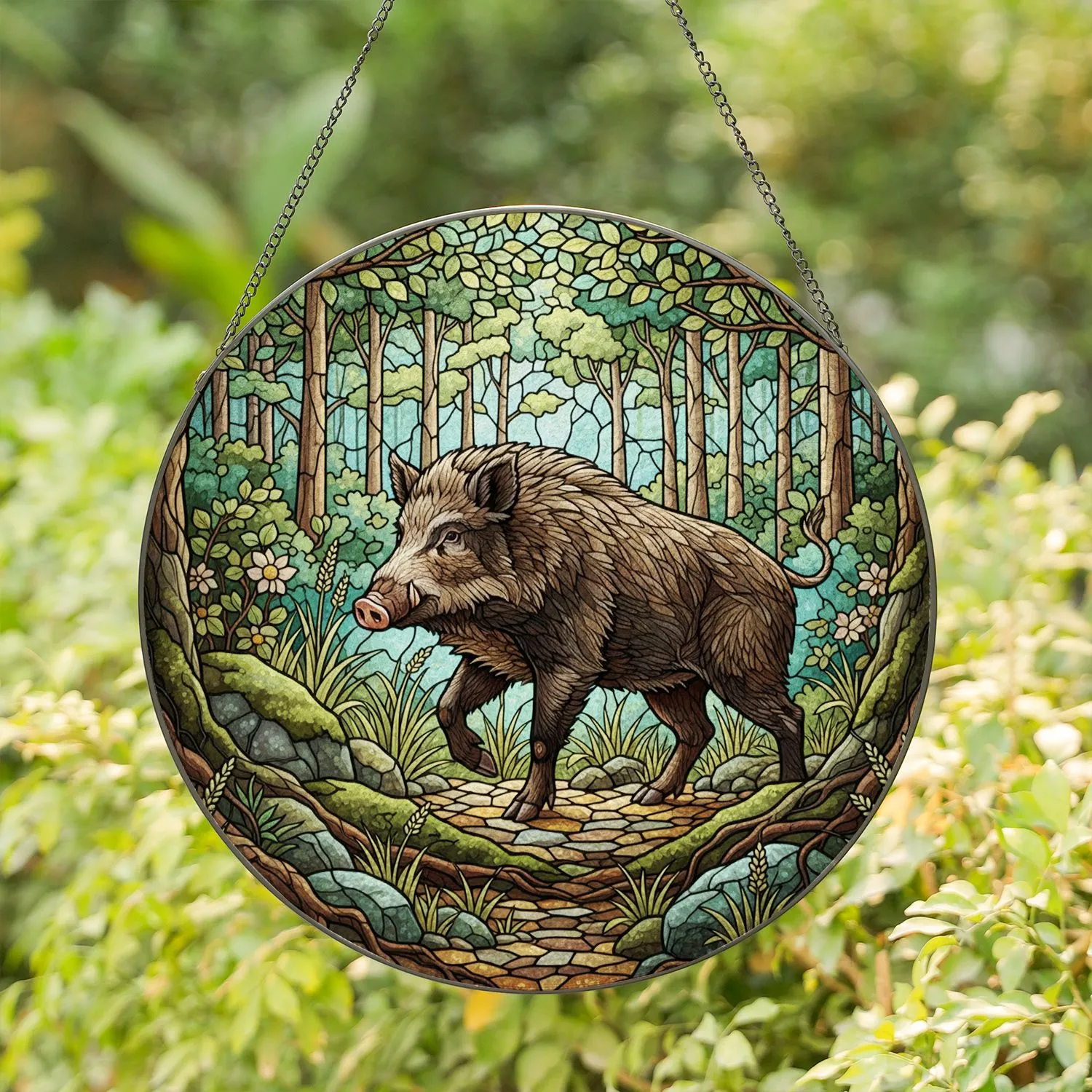 Wild Boar Forest Undergrowth Tiffany Stained Glass - Jewel Tone Wildlife Art Stained Glass Suncatcher - 1