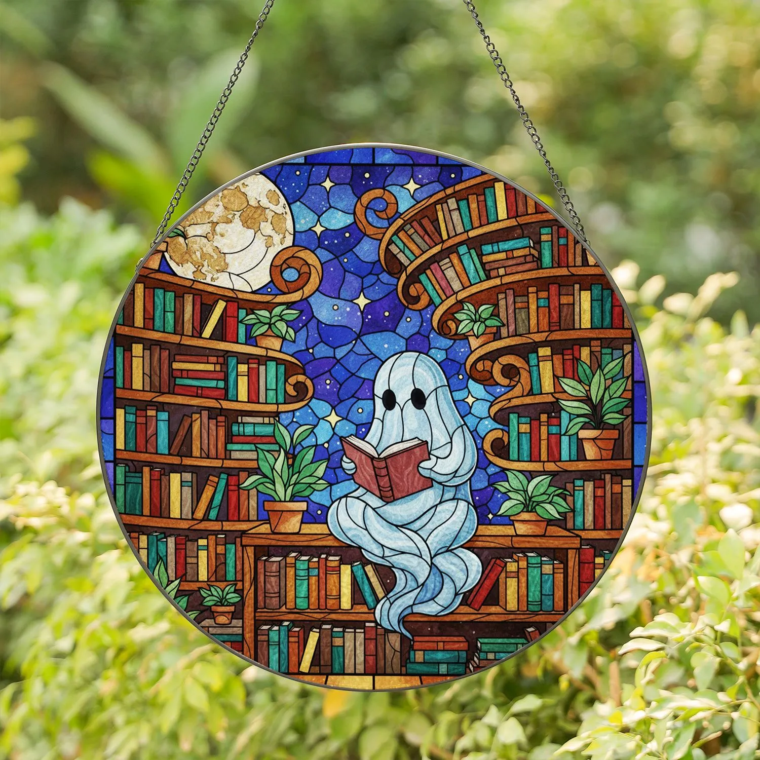 Tiffany Stained Glass Ghost Reading Book Bookshelf Moon Night Sky - Book Lover Gift Stained Glass Suncatcher - 1
