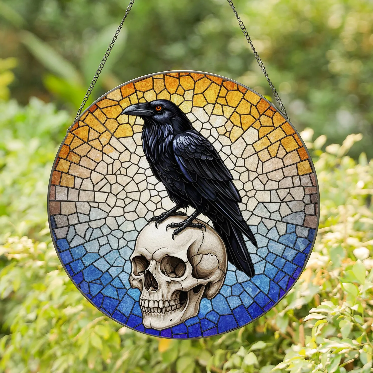 Black Raven Human Skull Stained Glass Orange Eye Mosaic Intricate Patterns Stained Glass Suncatcher - 1