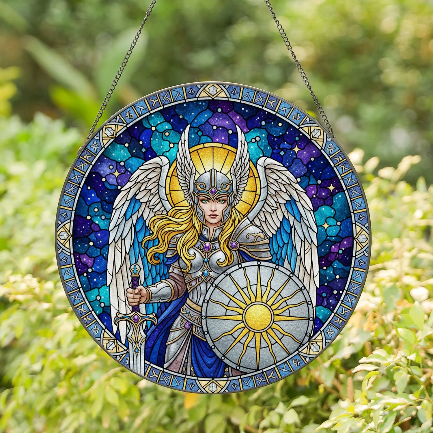 Valkyrie Warrior Winged Helmet Sword Shield Stained Glass Cosmic Night Sky Runic Art Stained Glass Suncatcher - 1