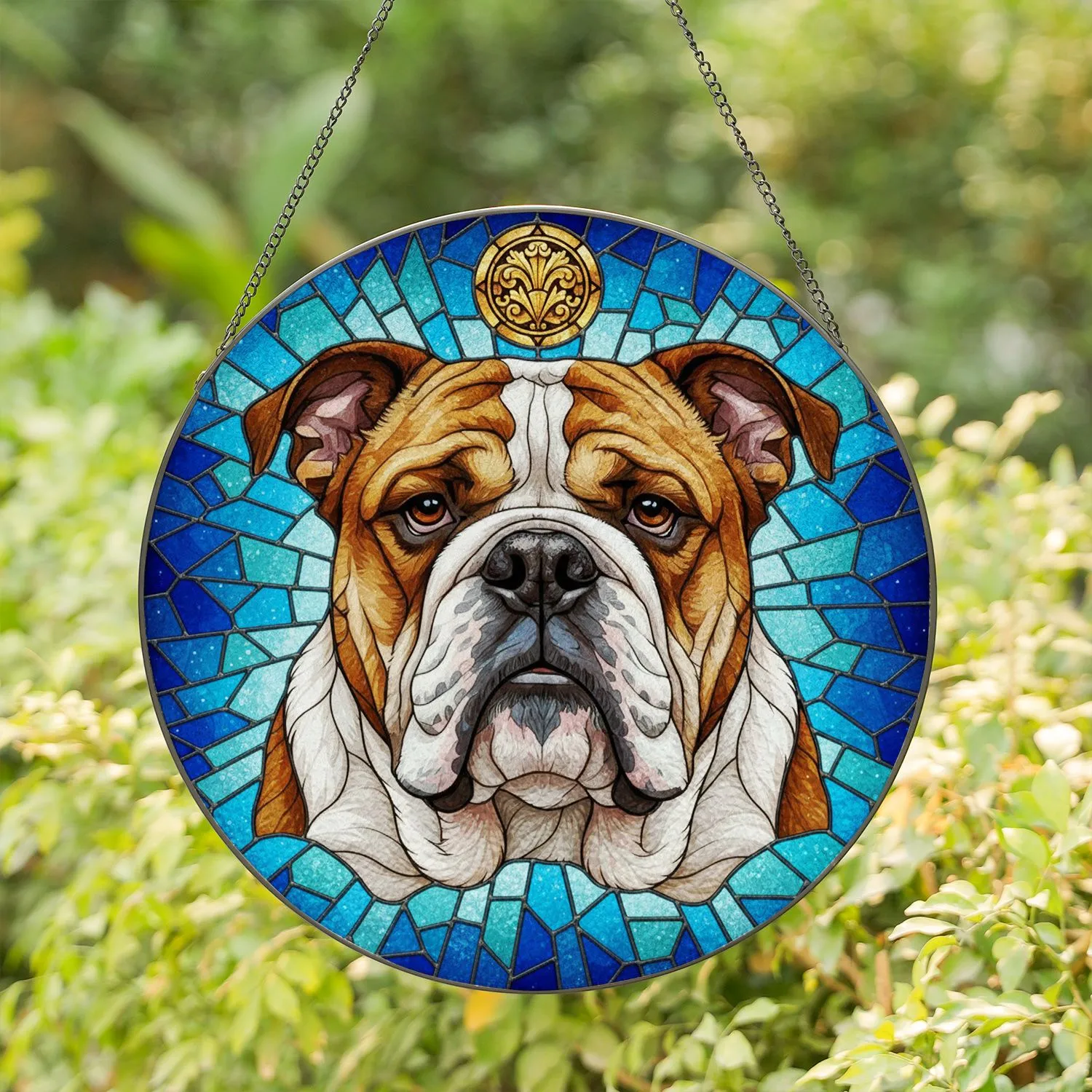 English Bulldog Portrait Stained Glass Mosaic - Tiffany Style Jewel Tone Pet Lover Gift Stained Glass Suncatcher - 1
