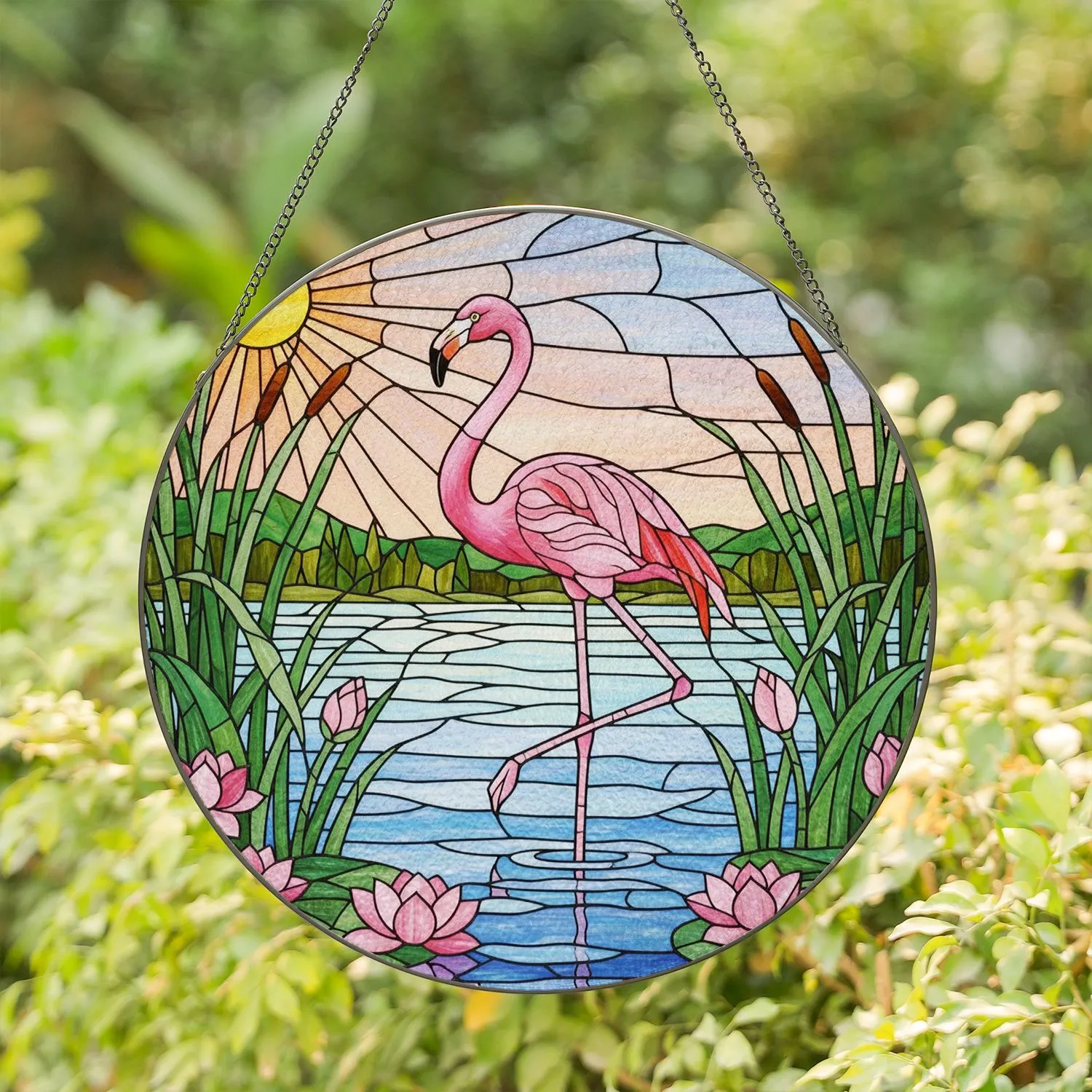 Vibrant Pink Flamingo Stained Glass Lotus Reeds Mosaic Nature Scene Tiffany Style Stained Glass Suncatcher - 1
