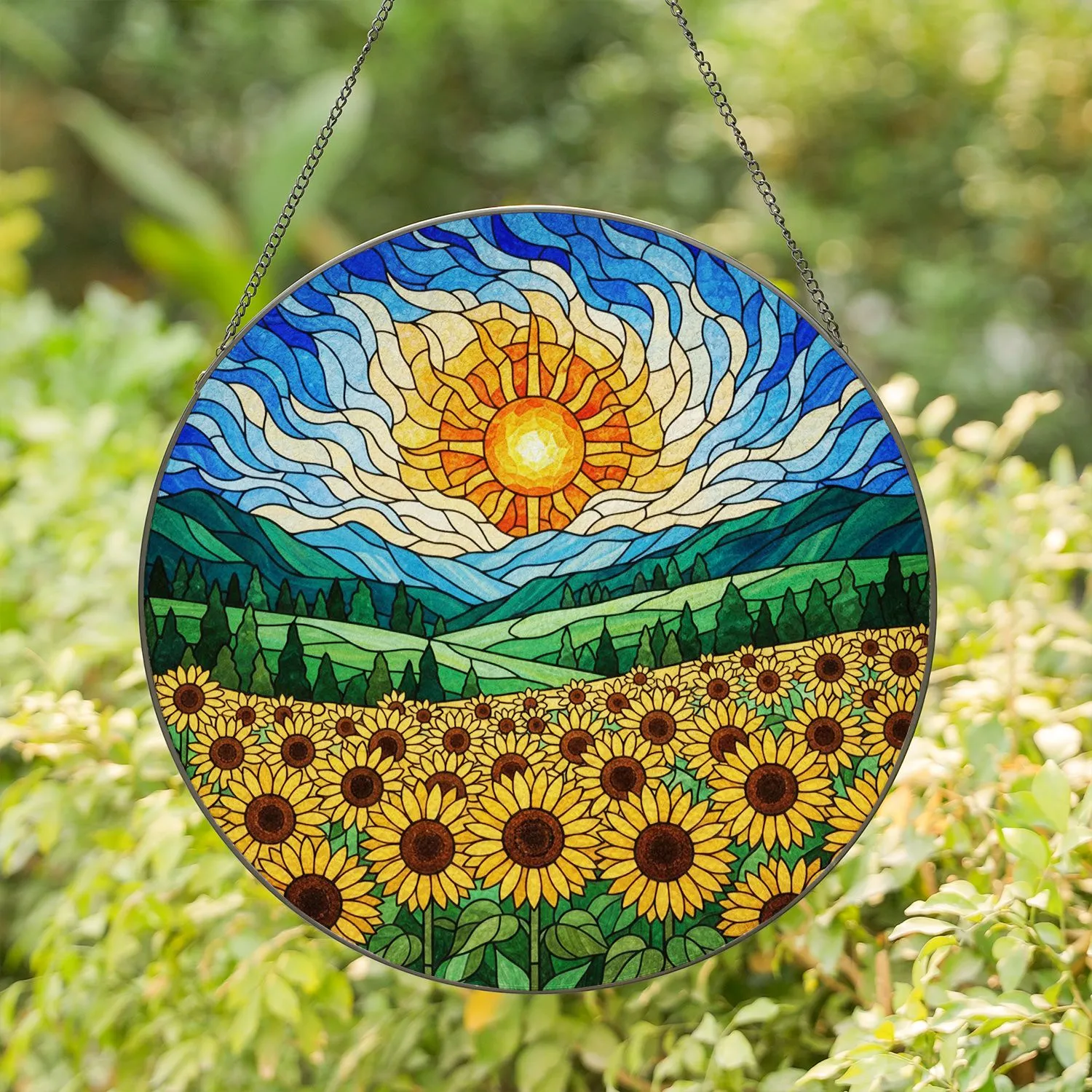 Tiffany Stained Glass Sunflowers Mountains Sun - Jewel Tone Nature Window Art Decor Gift Stained Glass Suncatcher - 1