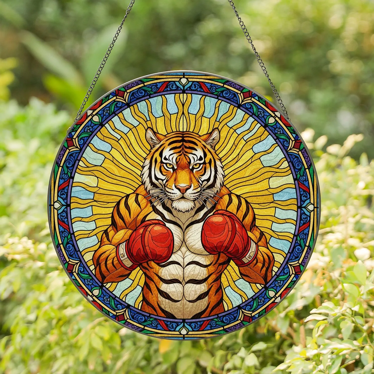 Muscular Tiger Red Boxing Gloves Stained Glass Fierce Gaze - Ornate Tiffany Style Mosaic Art Stained Glass Suncatcher - 1