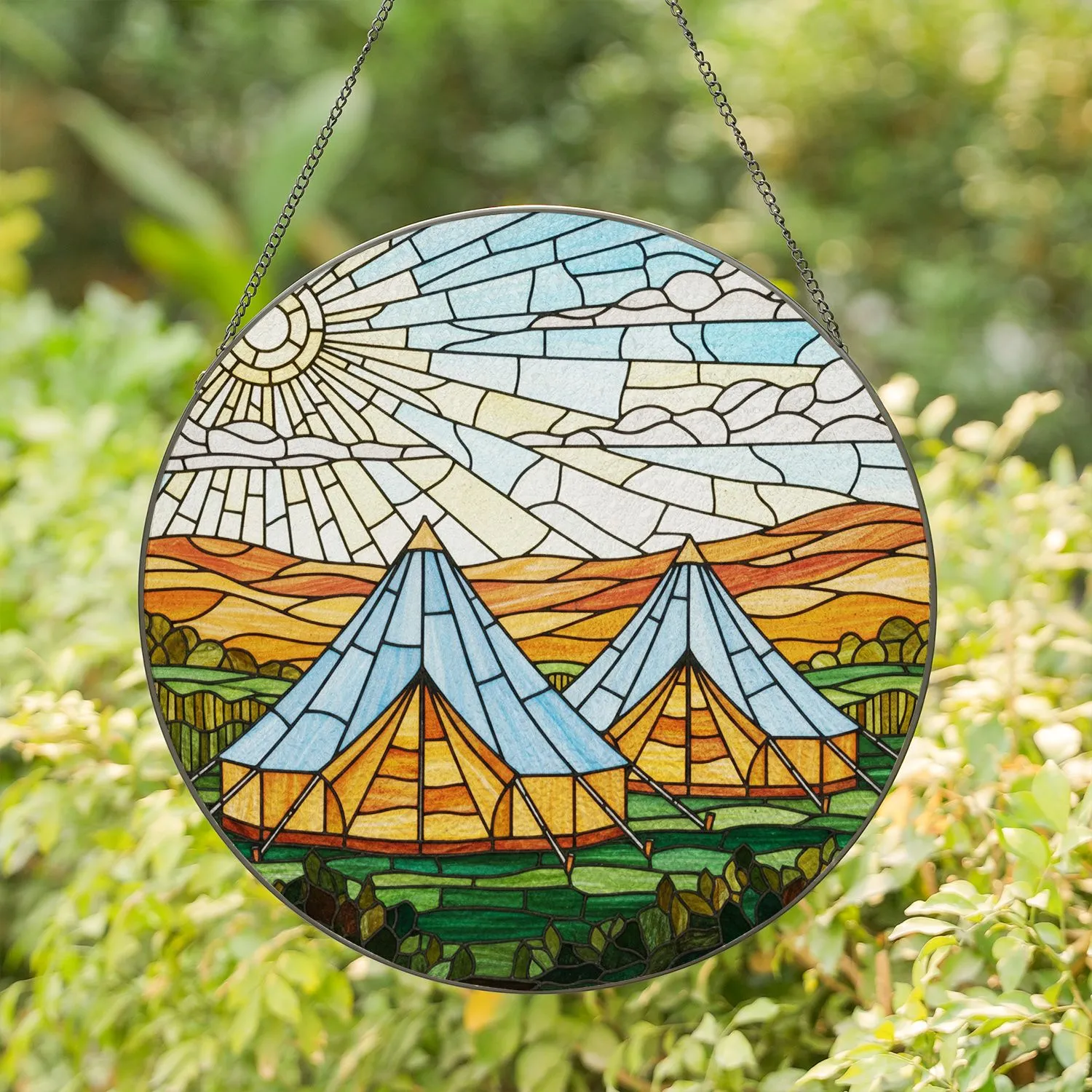 Bell Tent Yurts Stained Glass Art - Tiffany Style Glowing Jewel Tone Sun & Landscape Stained Glass Suncatcher - 1