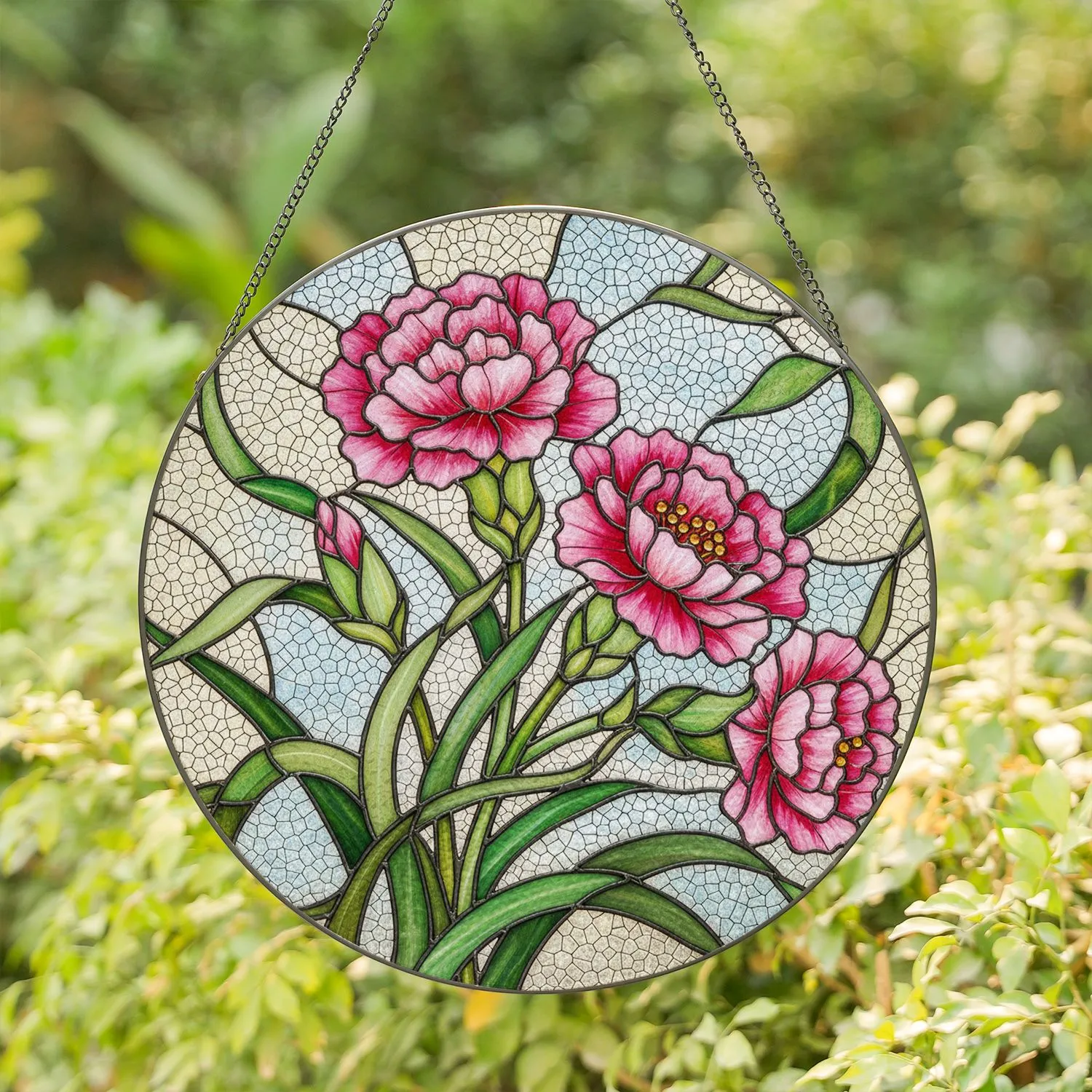 Three Pink Carnation Flowers Tiffany Glass Mosaic Art, Ruffled Petals, Green Leaves, Crackled Stained Glass Suncatcher - 1