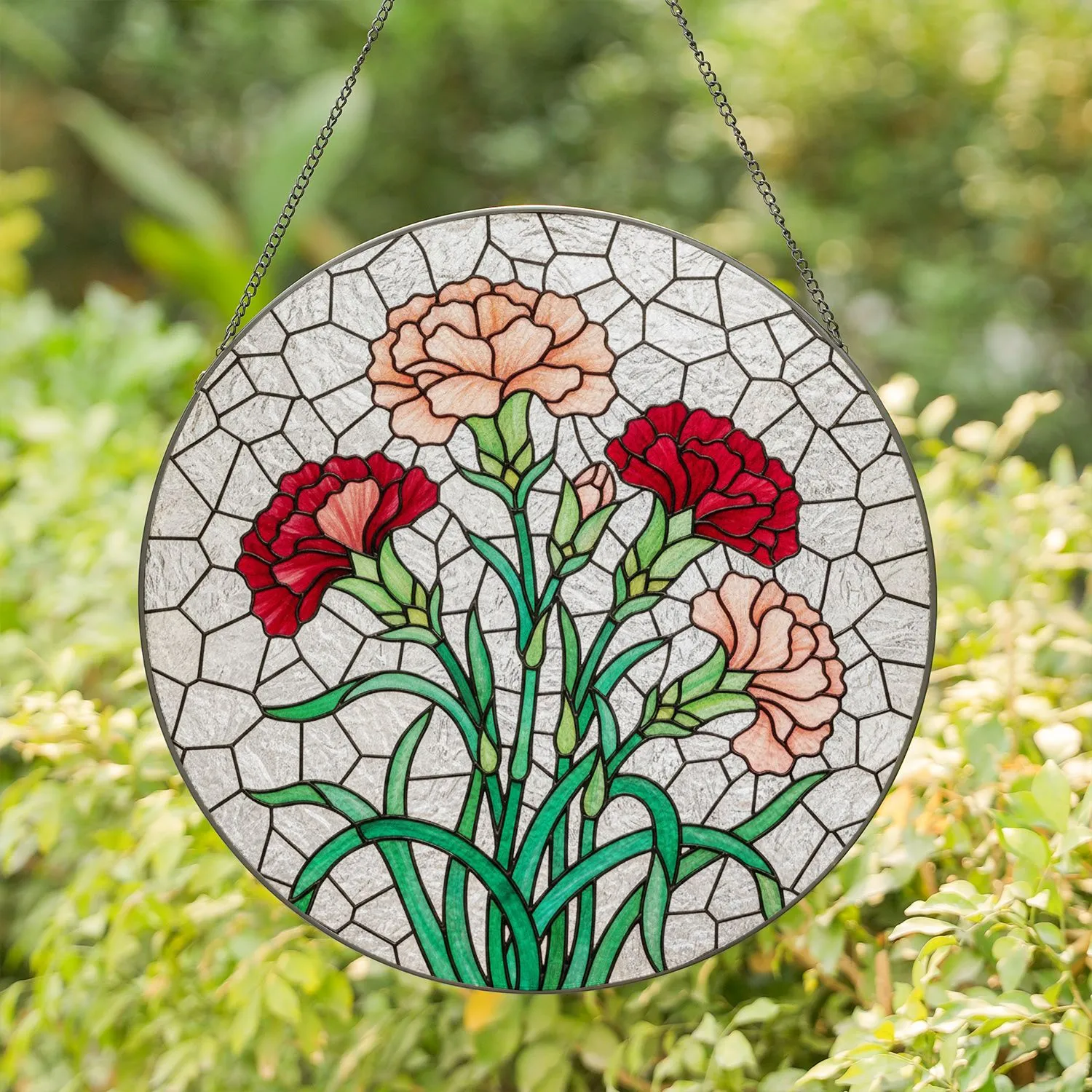 Tiffany Stained Glass Carnation Flower - Red Peach Emerald Green Mosaic Floral Home Decor Stained Glass Suncatcher - 1