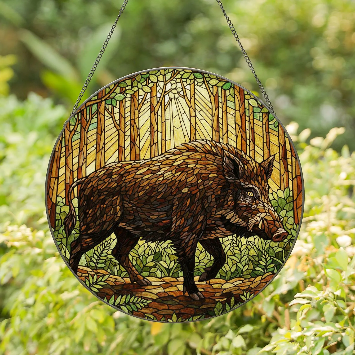 Majestic Wild Boar Profile Forest Undergrowth Stained Glass - Tiffany Style Glowing Jewel Tones Stained Glass Suncatcher - 1