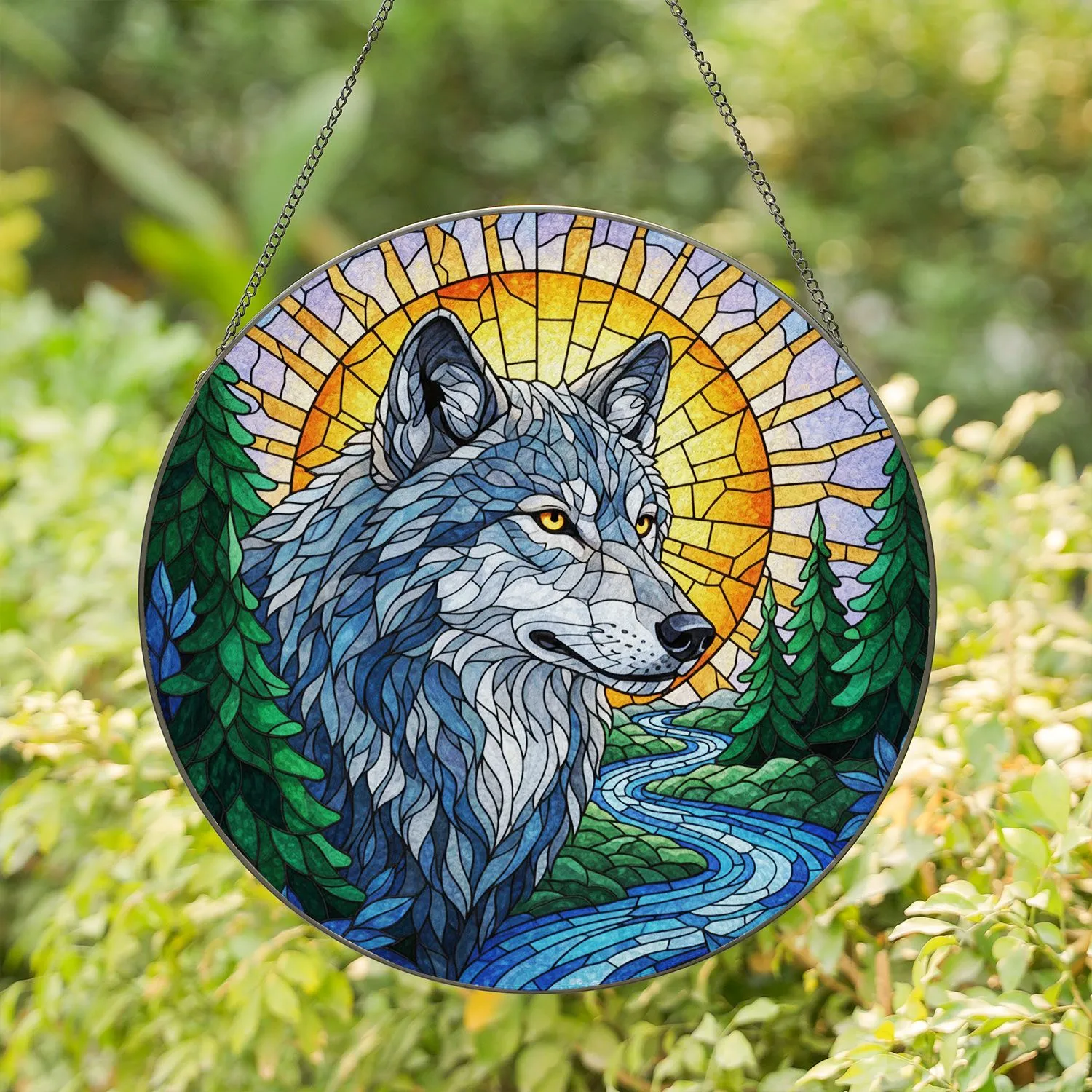 Majestic Gray Wolf Stained Glass Tiffany Art - Pine Trees River Setting Sun Jewel Tones Stained Glass Suncatcher - 1