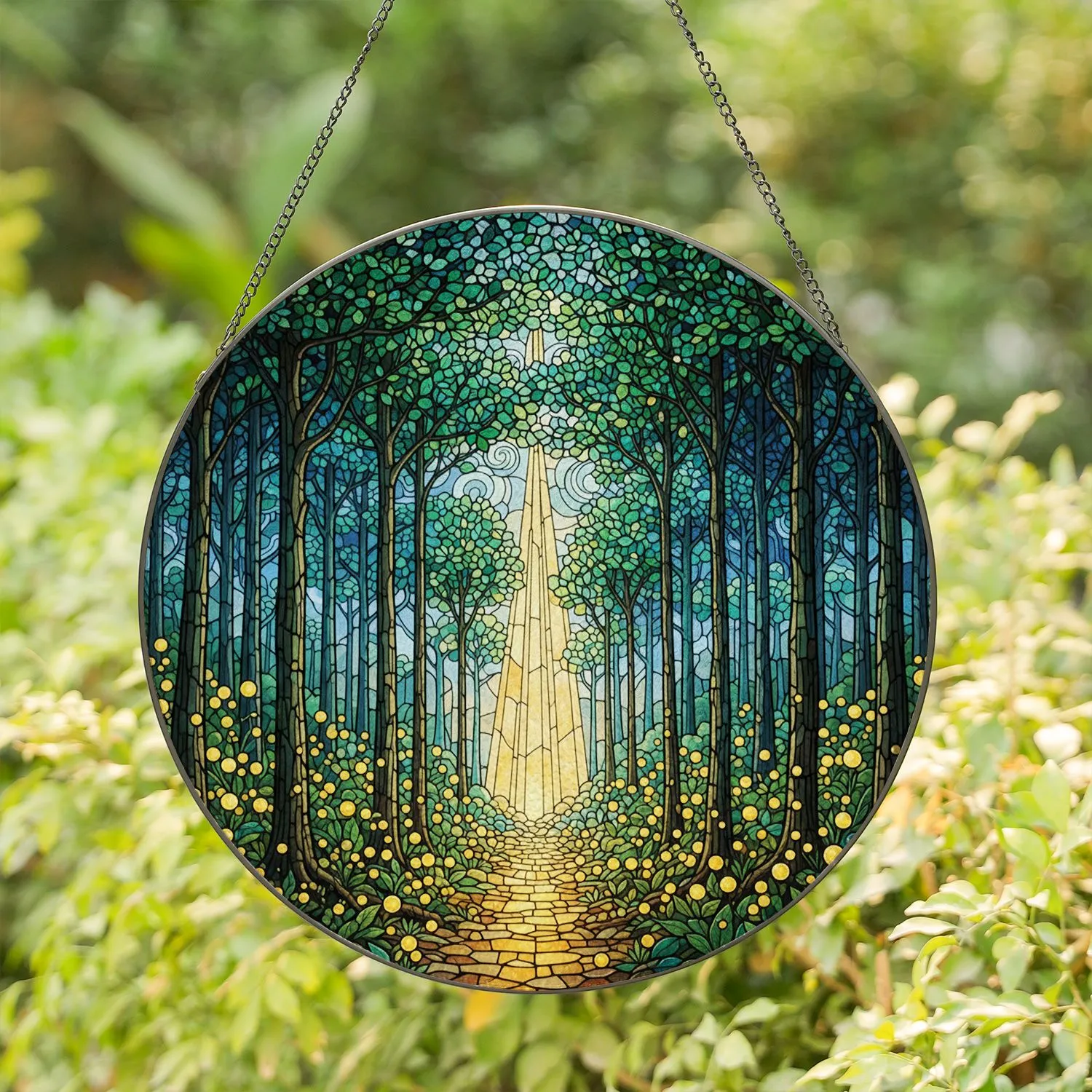 Stained Glass Mystical Forest Path Golden Glowing Light Ethereal Fireflies Orbs Stained Glass Suncatcher - 1