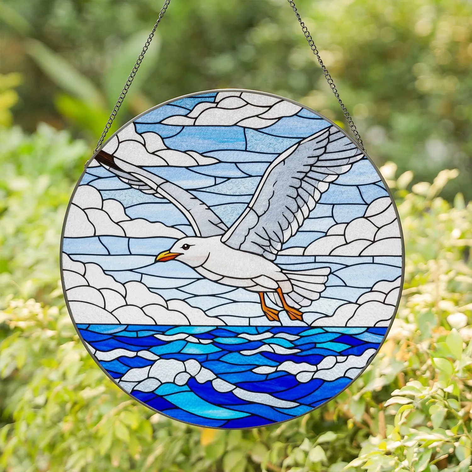 Seagull Flying Ocean Waves & Clouds Stained Glass Art - Tiffany Style Window Decor Stained Glass Suncatcher - 1