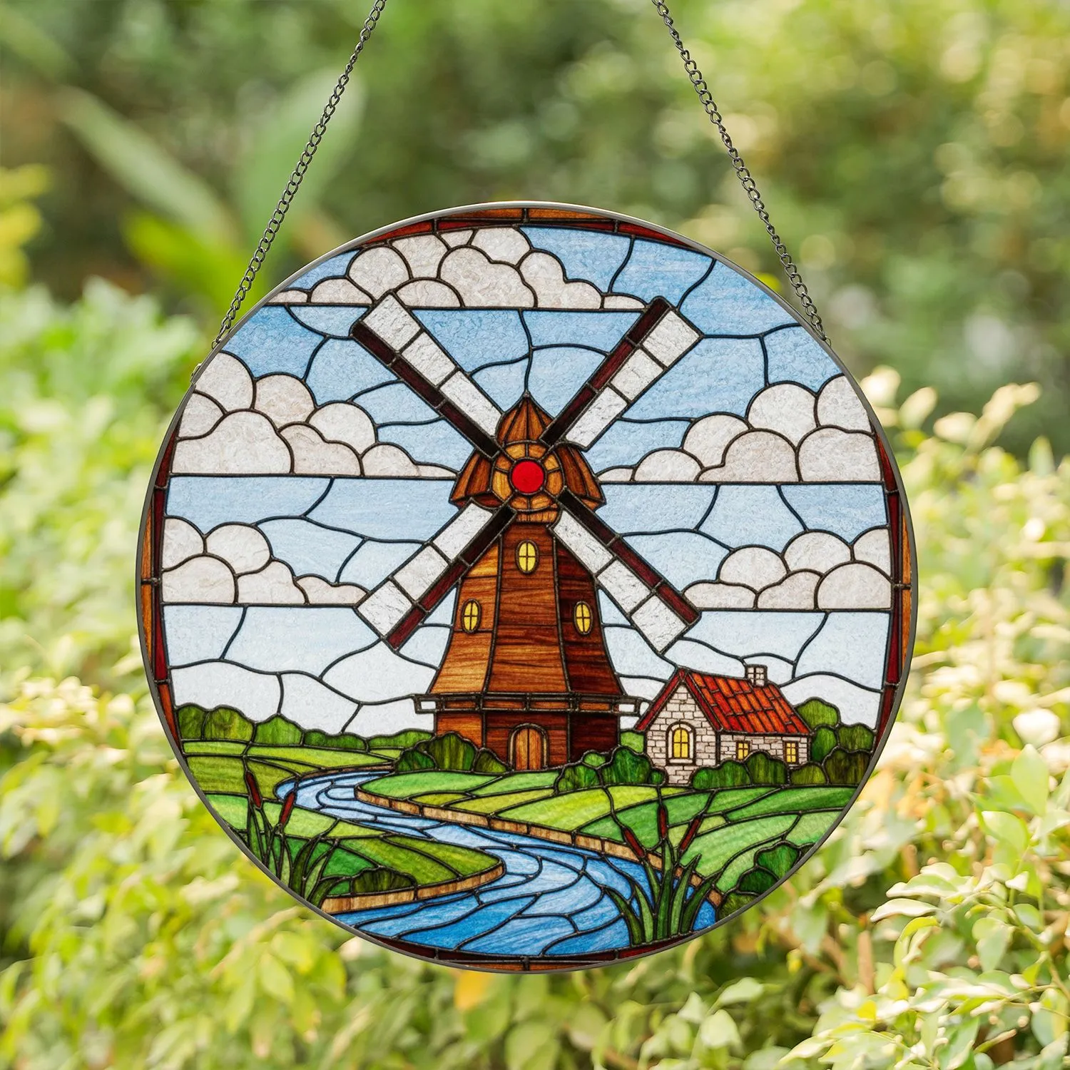 Dutch Windmill Stained Glass River House Countryside Art with Serene Sky & Clouds Stained Glass Suncatcher - 1