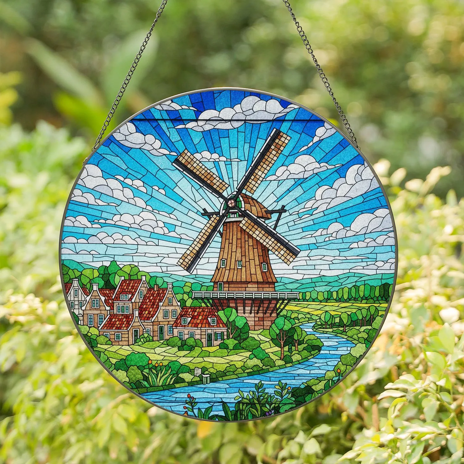 Dutch Windmill Stained Glass Houses River Landscape - Tiffany Style Window Decor Stained Glass Suncatcher - 1