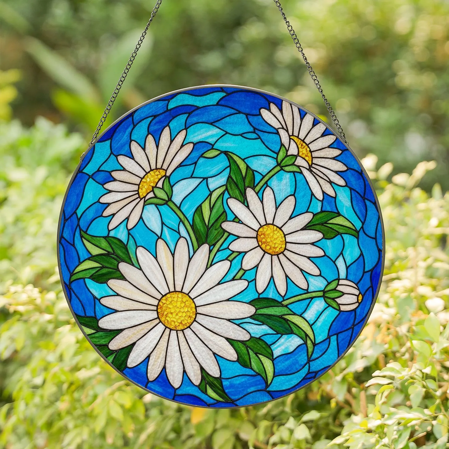 Stained Glass Daisies Cluster Iridescent Blue Teal Mosaic Background Green Leaves Stained Glass Suncatcher - 1