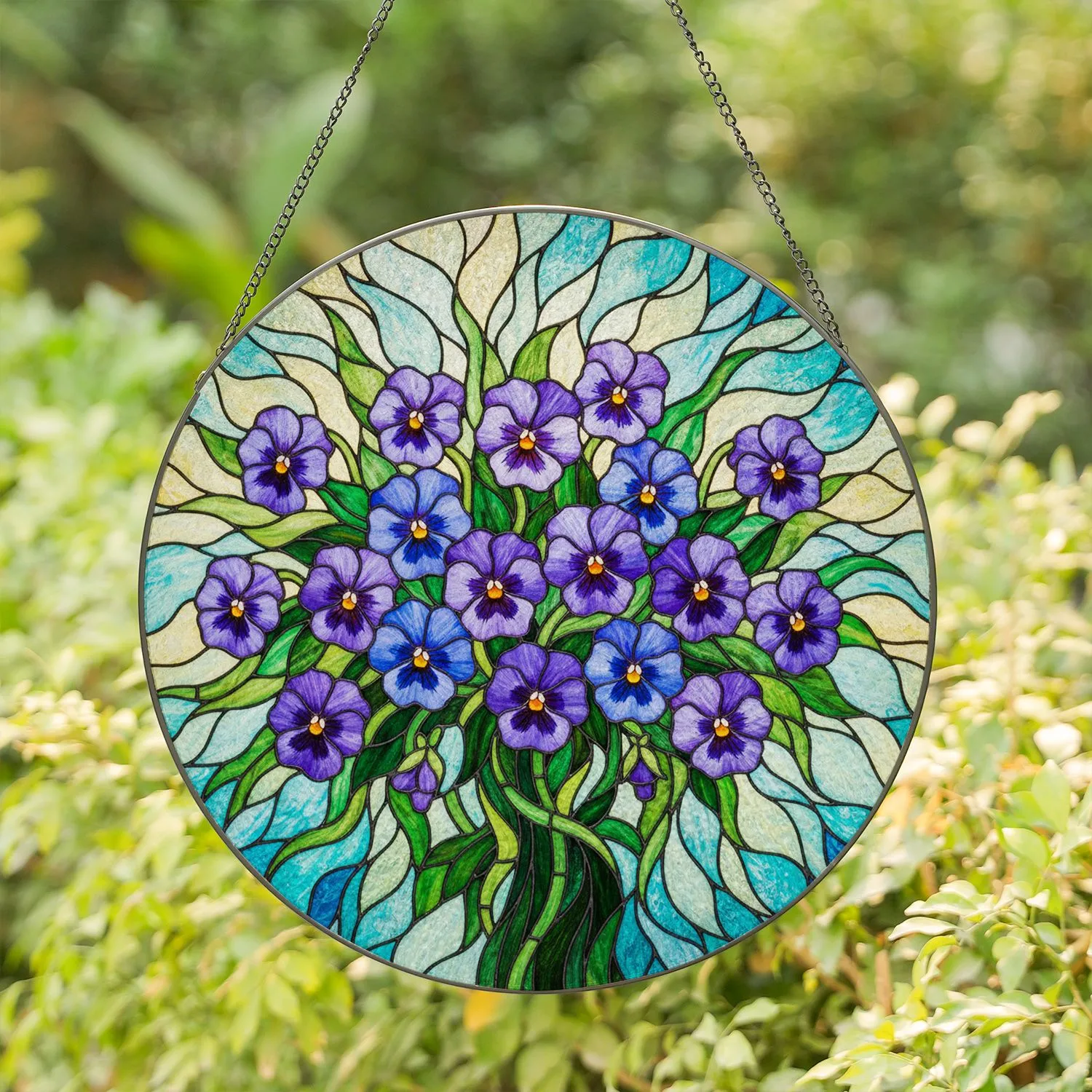 Vibrant Purple Blue Pansy Flowers Stained Glass Mosaic - Tiffany Art Garden Decor Stained Glass Suncatcher - 1