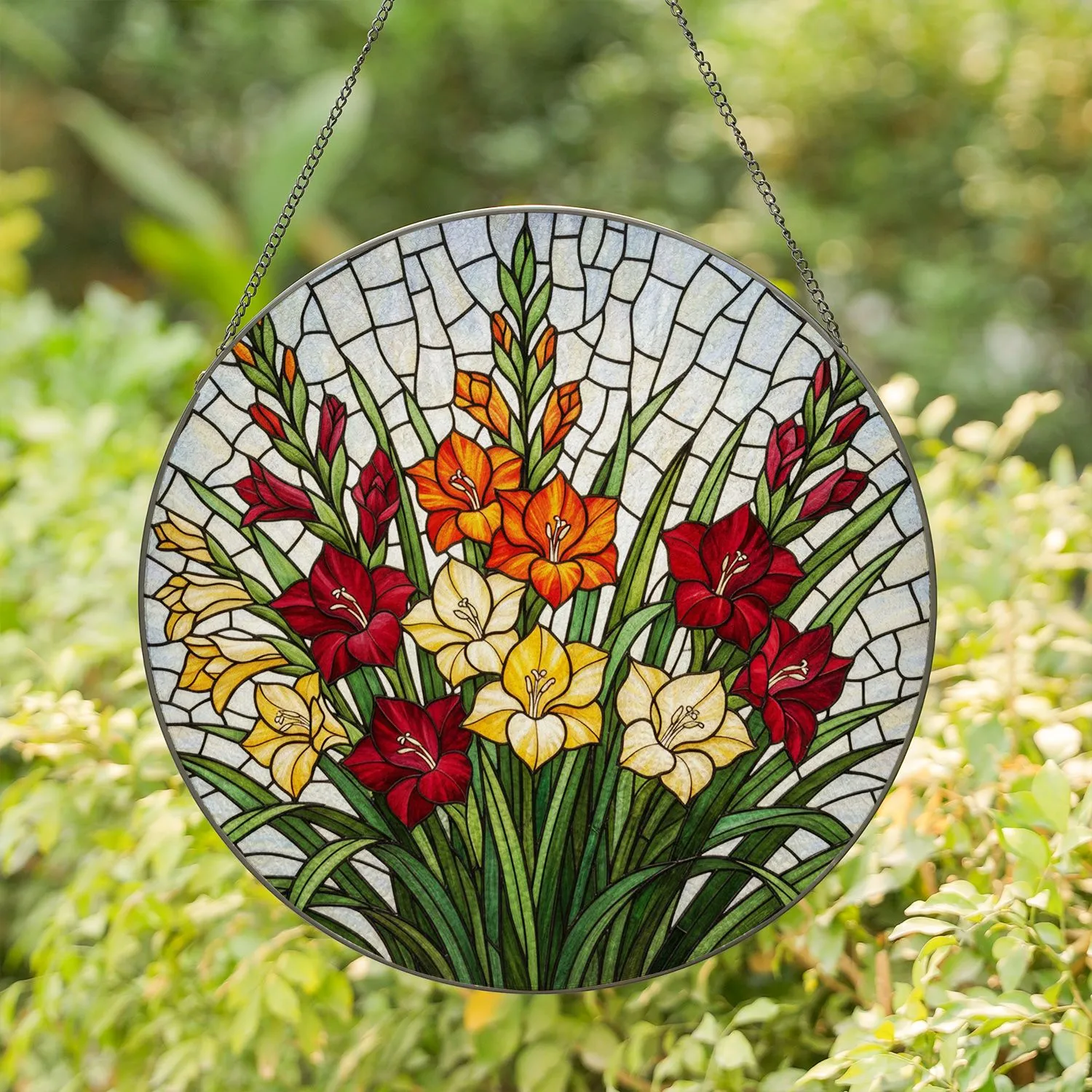 Colorful Gladiolus Flower Bouquet Stained Glass Mosaic - Intricate Tiffany Jewel Tones Stained Glass Suncatcher - 1