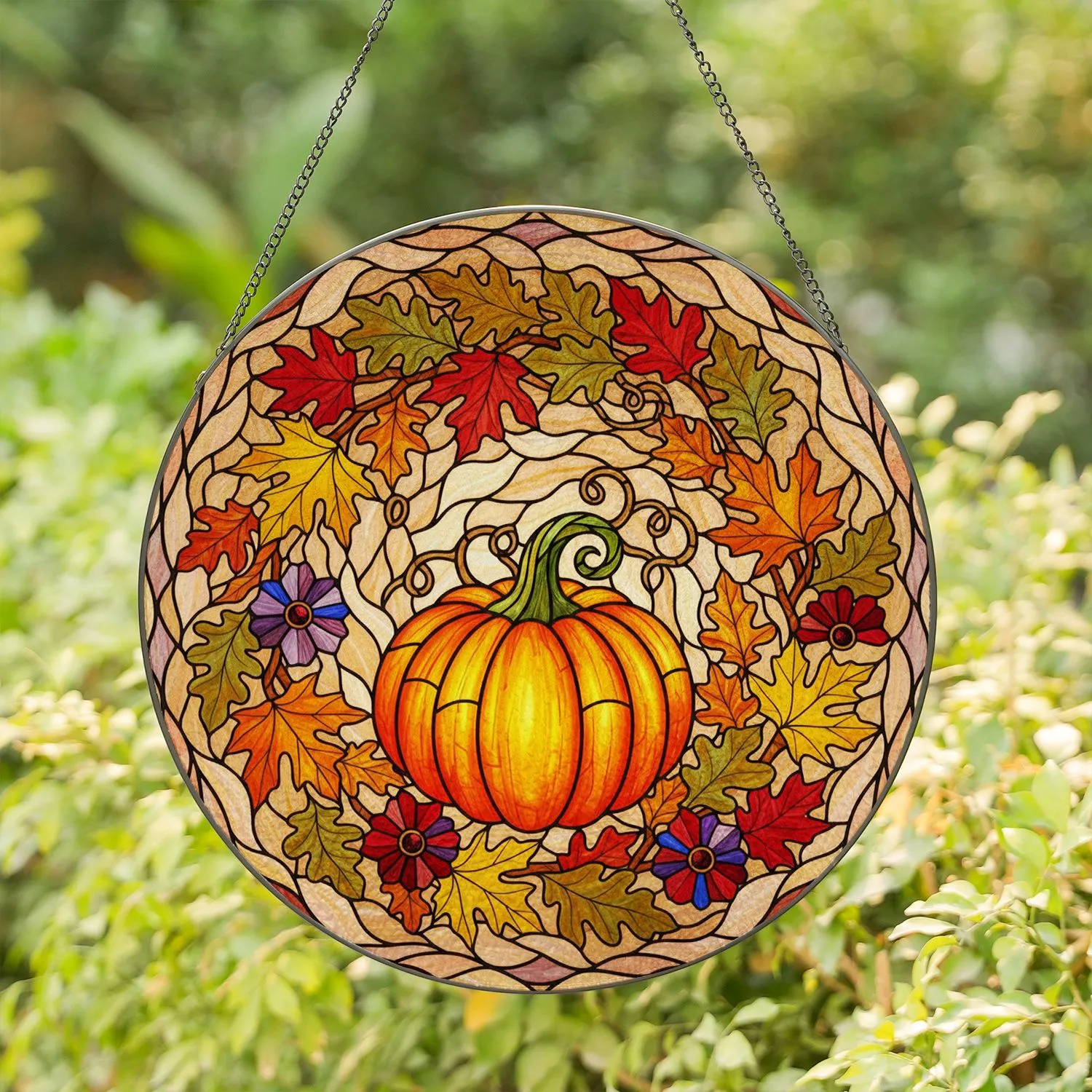 Pumpkin Maple Oak Leaf Tiffany Stained Glass Glowing Mosaic Autumn Harvest Stained Glass Suncatcher - 1
