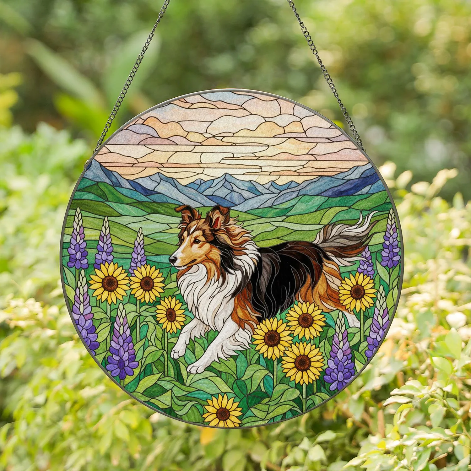 Tri-Color Shetland Sheepdog Running Sunflowers Mountains Stained Glass Art Home Decor Stained Glass Suncatcher - 1