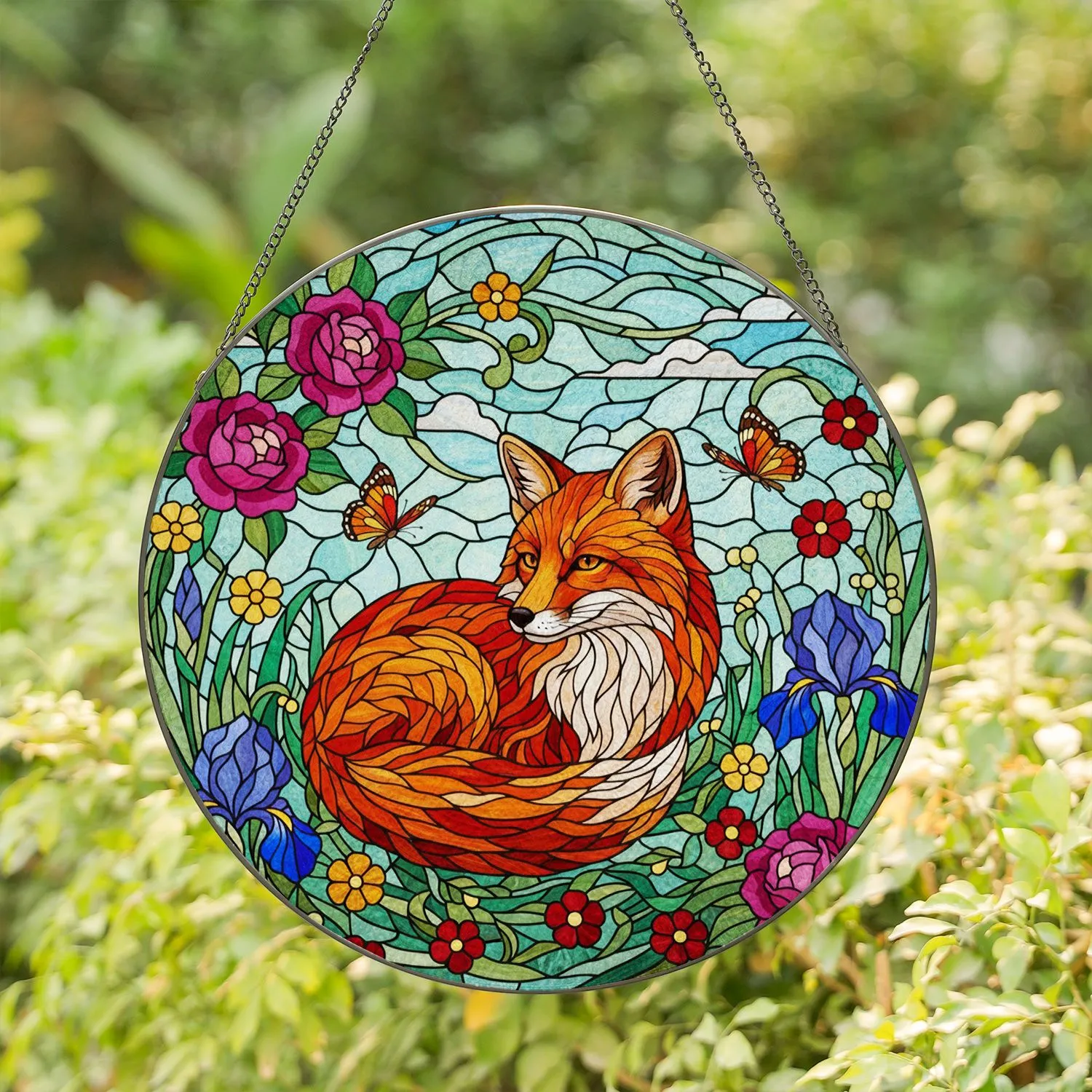 Fluffy Red Fox Butterflies Flowers Stained Glass Art Jewel Tone Meadow Sky Nature Stained Glass Suncatcher - 1