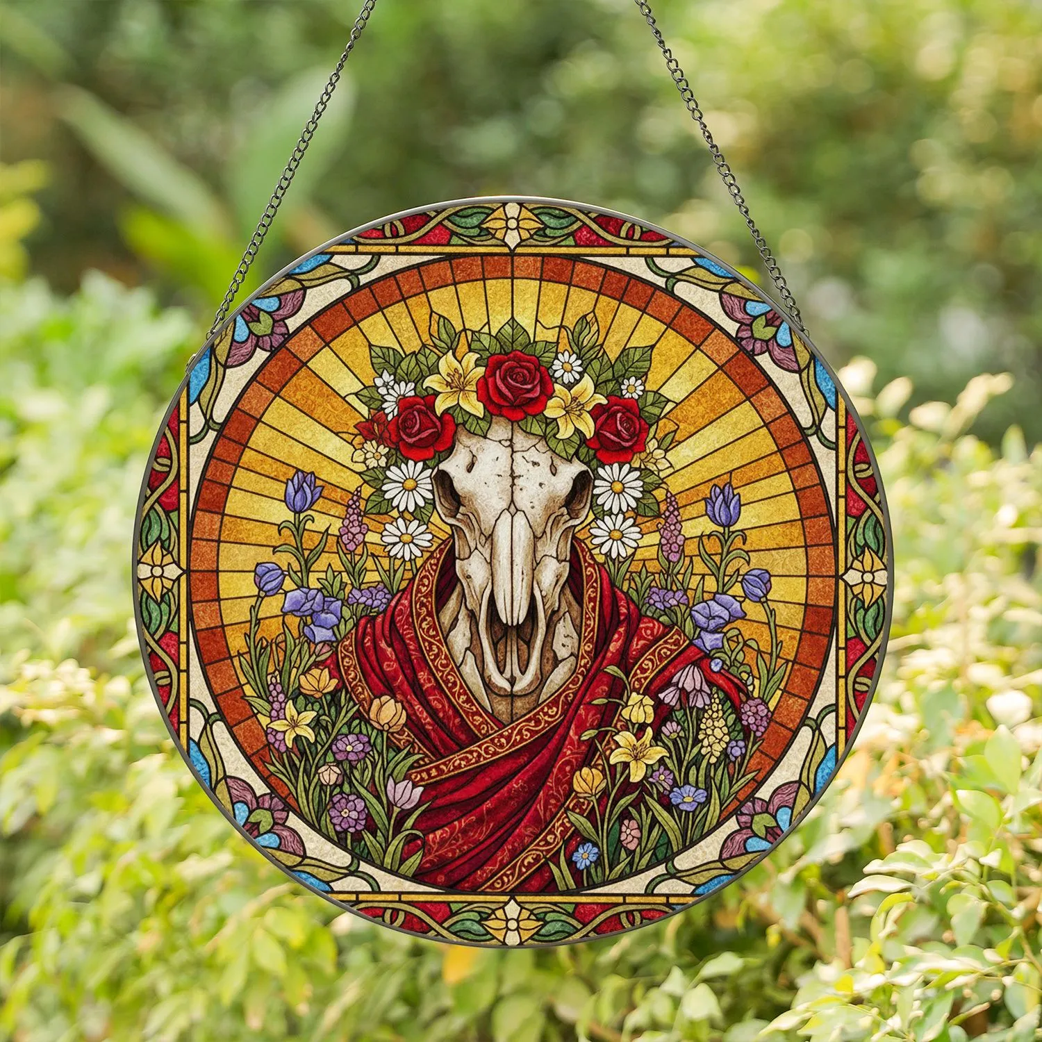 Weathered Horse Skull Floral Crown Stained Glass Tiffany Style Wildflower Mosaic Art Stained Glass Suncatcher - 1