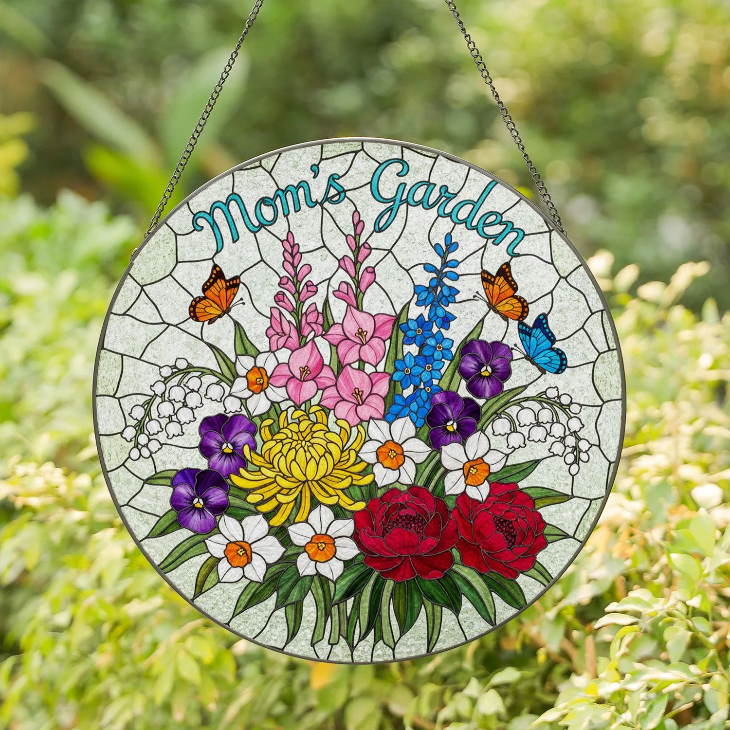 Stained Glass Garden Flowers & Butterflies, 'Mom's Garden' Text, Mother's Day Gift Stained Glass Suncatcher - 1