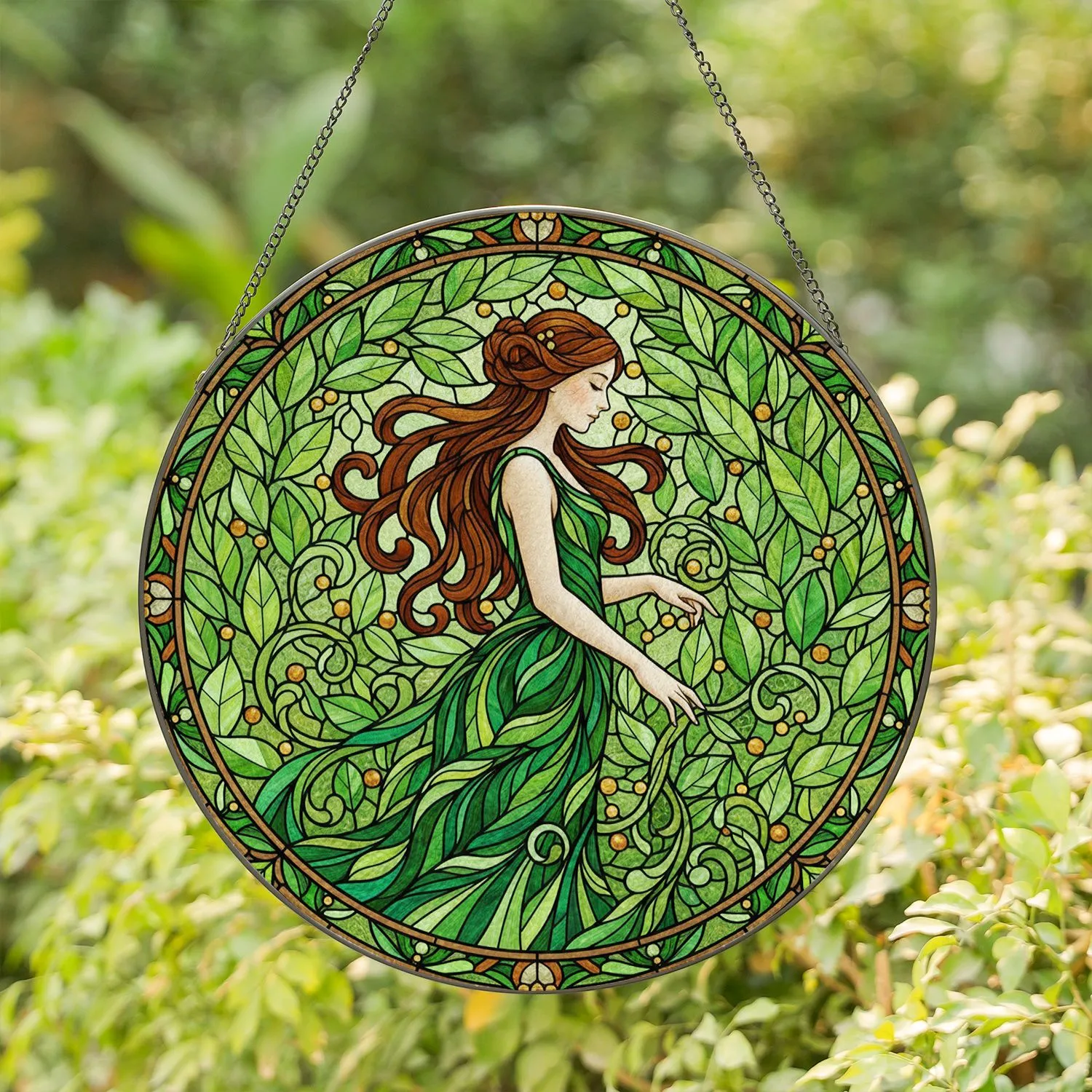 Stained Glass Woman Green Gown Leaves Vines Tiffany Style Botanical Art Stained Glass Suncatcher - 1