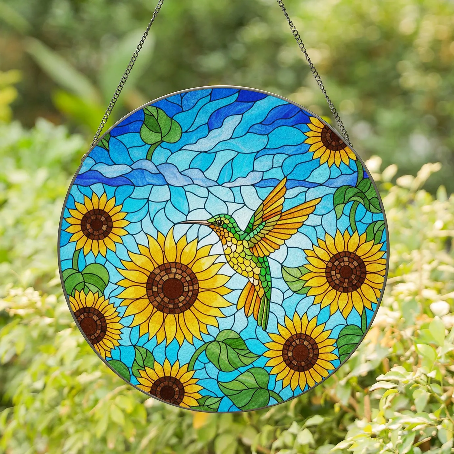 Hummingbird Sunflower Stained Glass Art - Tiffany Style Mosaic Sky Nature Home Decor Gift Stained Glass Suncatcher - 1
