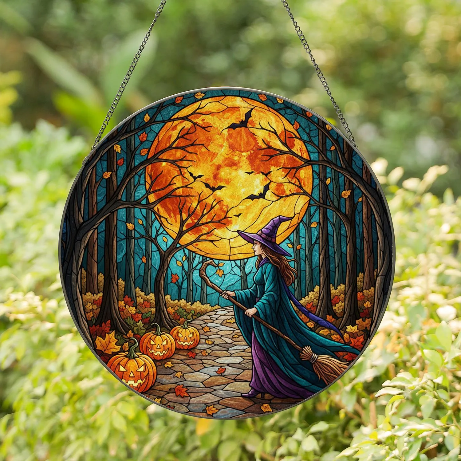 Spooky Witch Jack-O'-Lantern Full Moon Autumn Forest Tiffany Glass Style Halloween Decor Stained Glass Suncatcher - 1