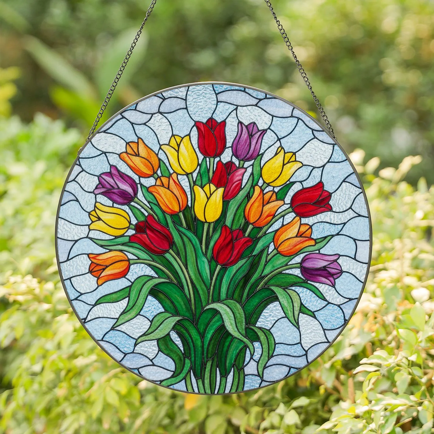 Tulips Bouquet Stained Glass Tiffany Style Colorful Mosaic Sky Intricate Pattern Stained Glass Suncatcher - 1
