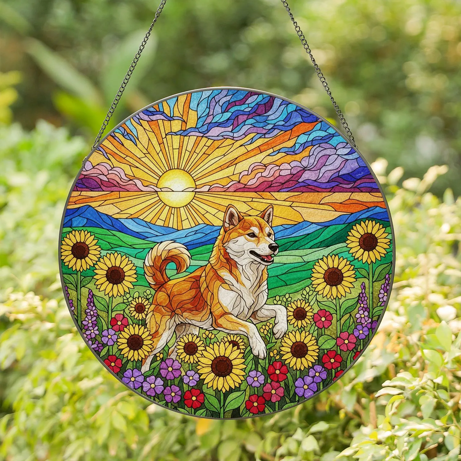 Shiba Inu Sunflowers Wildflowers Rolling Hills Mountains Tiffany Stained Glass Art Stained Glass Suncatcher - 1
