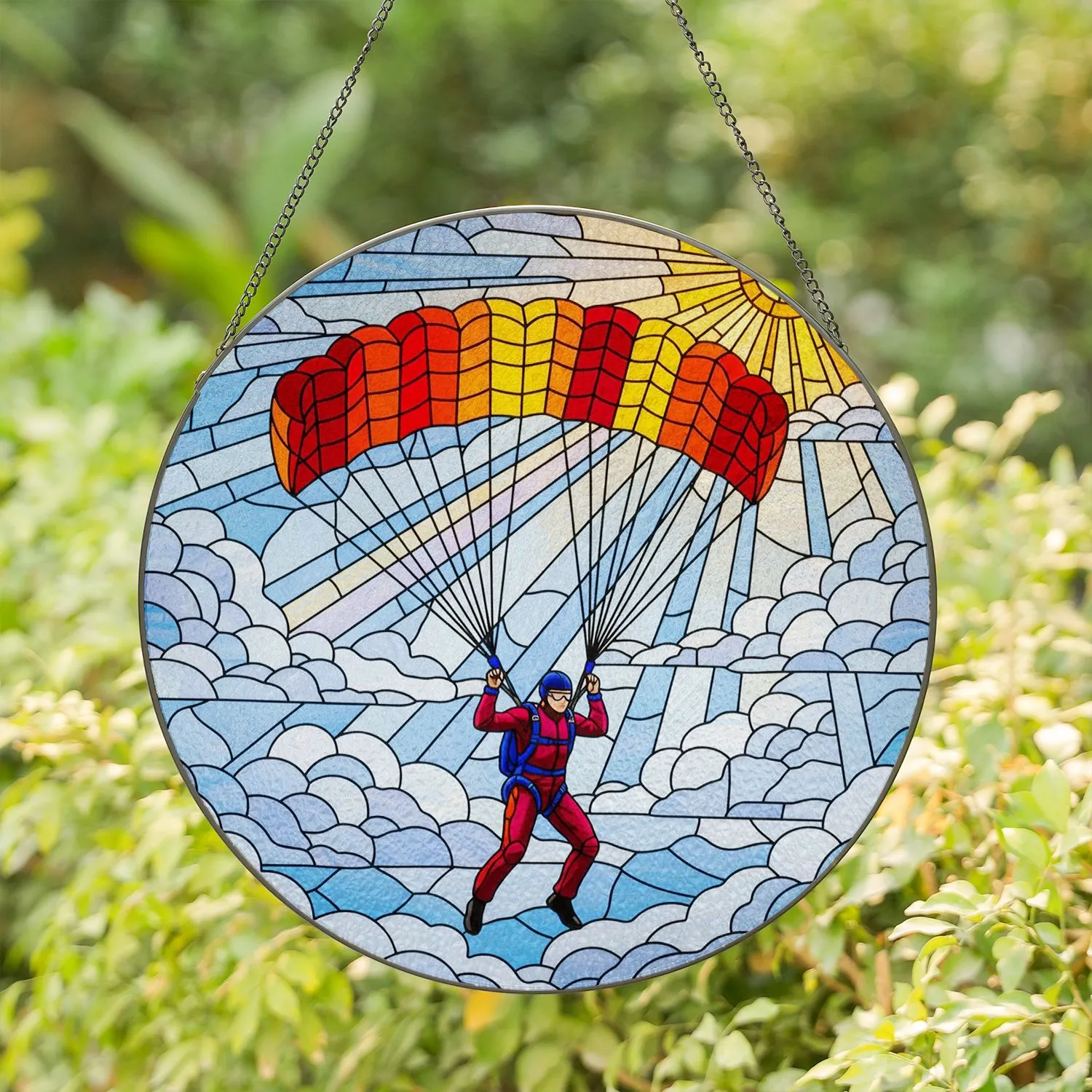 Skydiver Parachute Tiffany Stained Glass Art with Clouds Sunbeams Home Decor Gift Stained Glass Suncatcher - 1
