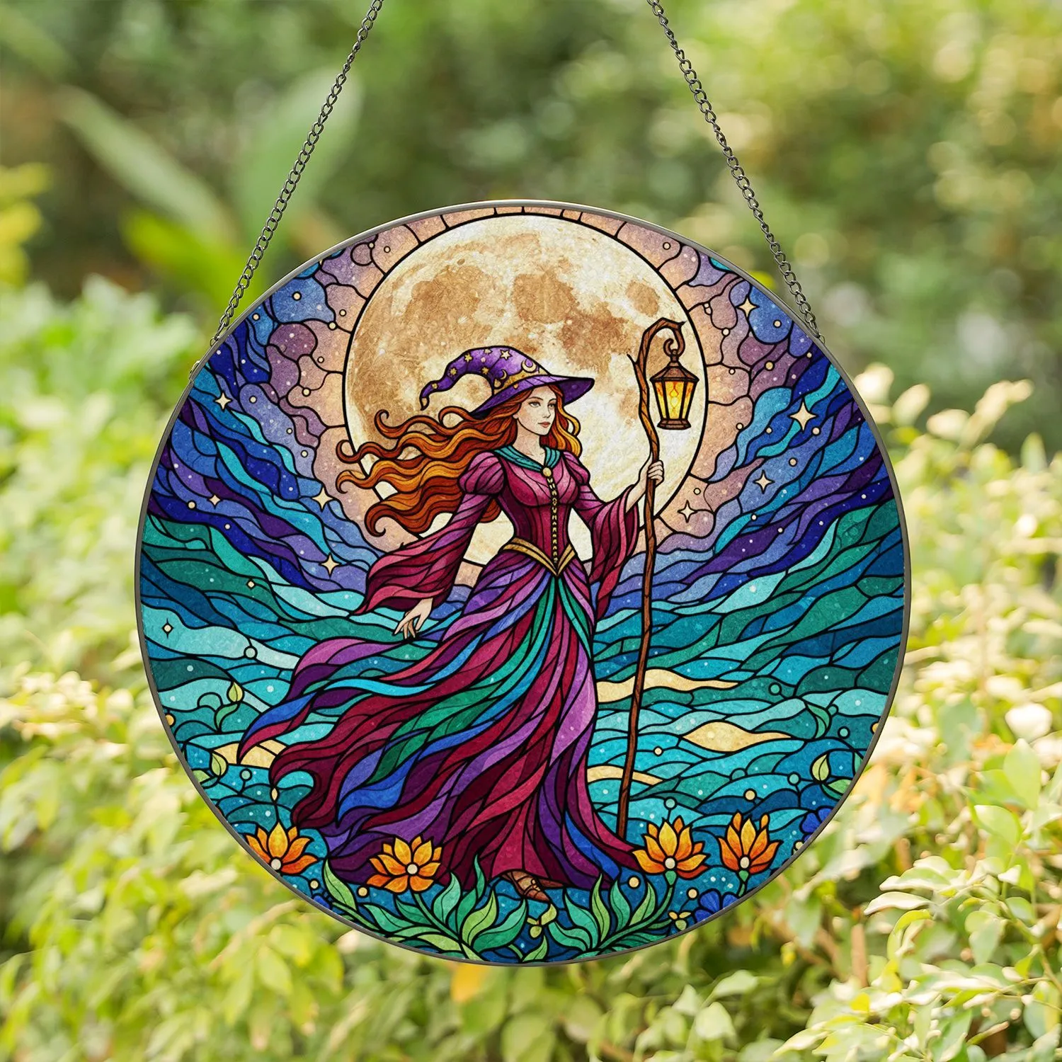 Graceful Witch Full Moon Stained Glass Art - Wildflowers Cosmic Night Sky Mosaic Design Stained Glass Suncatcher - 1