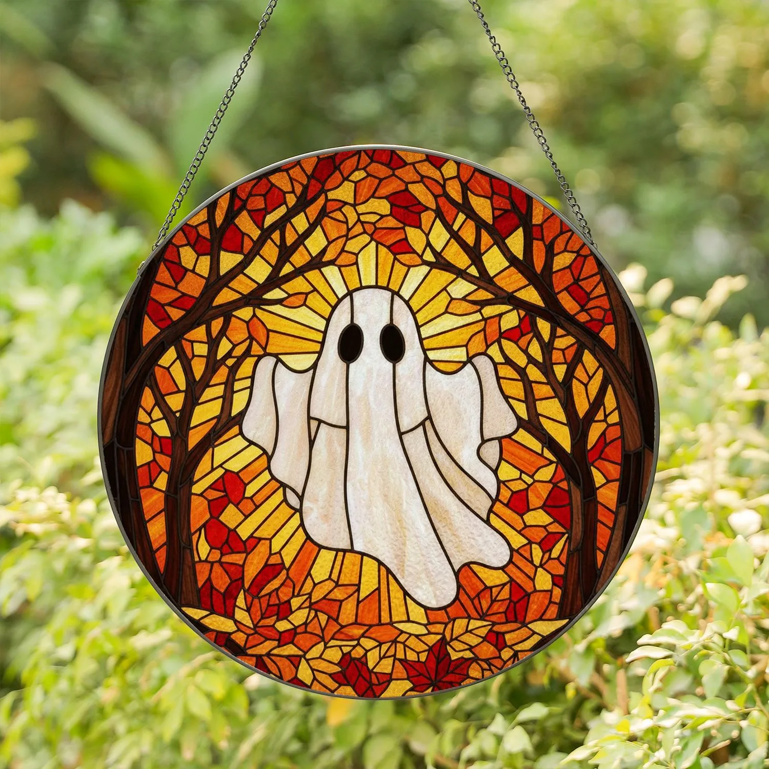 Friendly Sheet Ghost Autumn Leaves Bare Trees Tiffany Stained Glass Fall Season Decor Stained Glass Suncatcher - 1