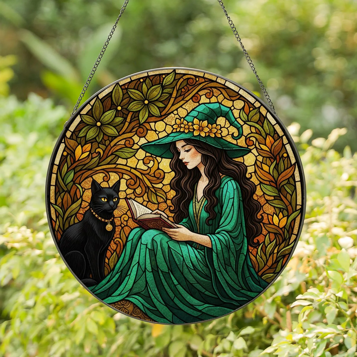 Witch Reading Book Black Cat Stained Glass Emerald Green Hat Intricate Foliage Art Stained Glass Suncatcher - 1