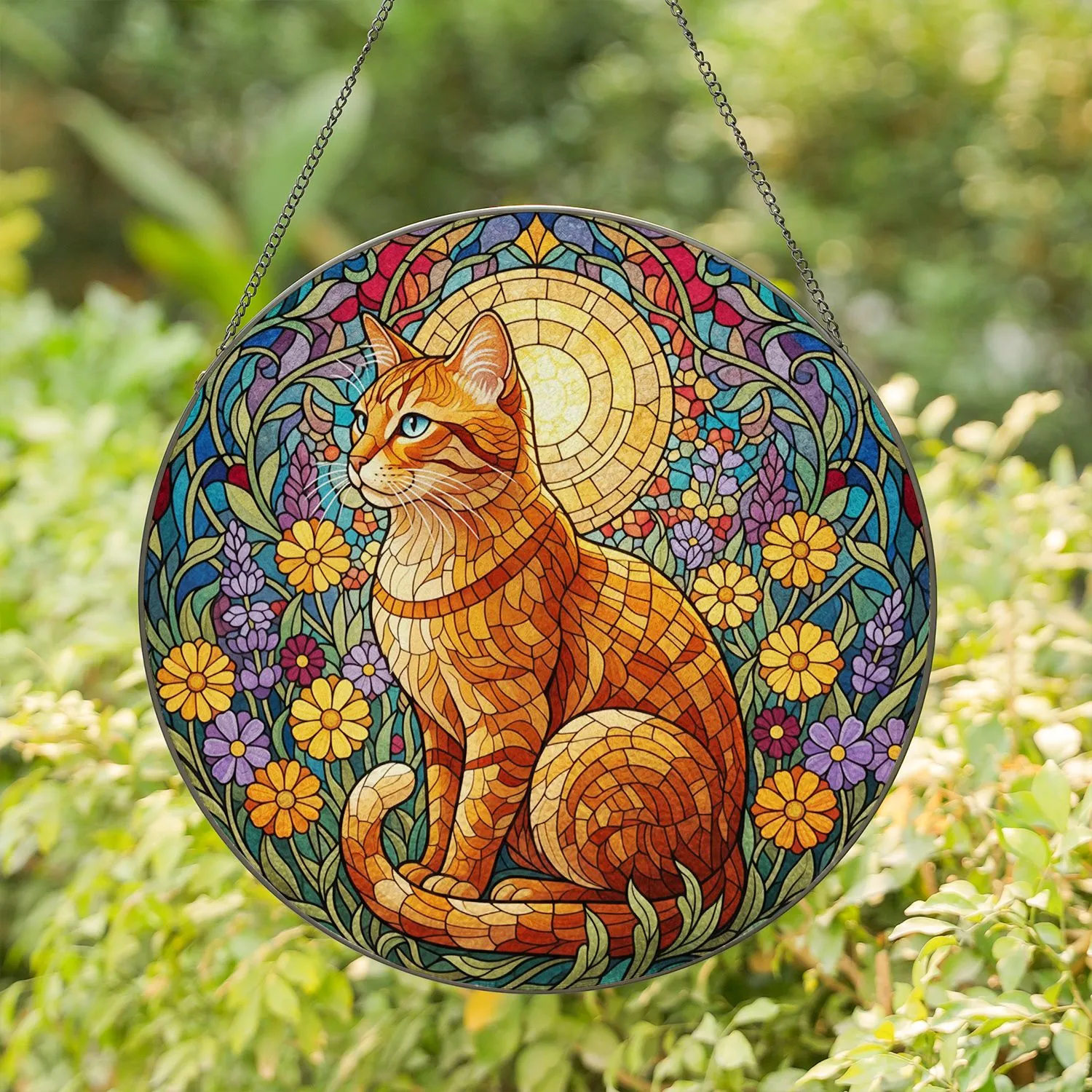 Orange Tabby Cat Blue Eyes Wildflower Tiffany Glass Glowing Sun - Cat Lover Gift Stained Glass Suncatcher - 1