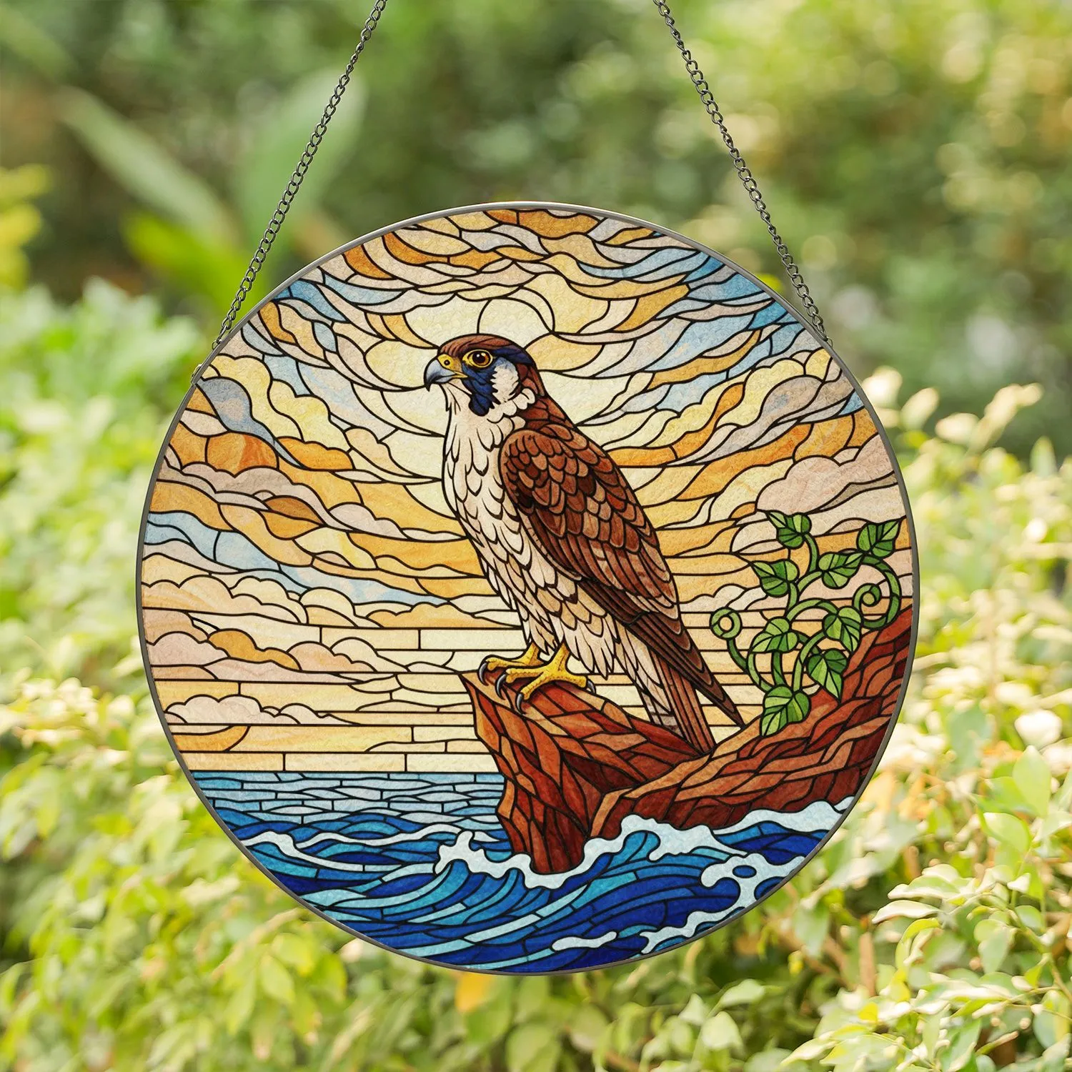Peregrine Falcon Tiffany Style Stained Glass - Intricate Cliff Ocean Sky Design Stained Glass Suncatcher - 1