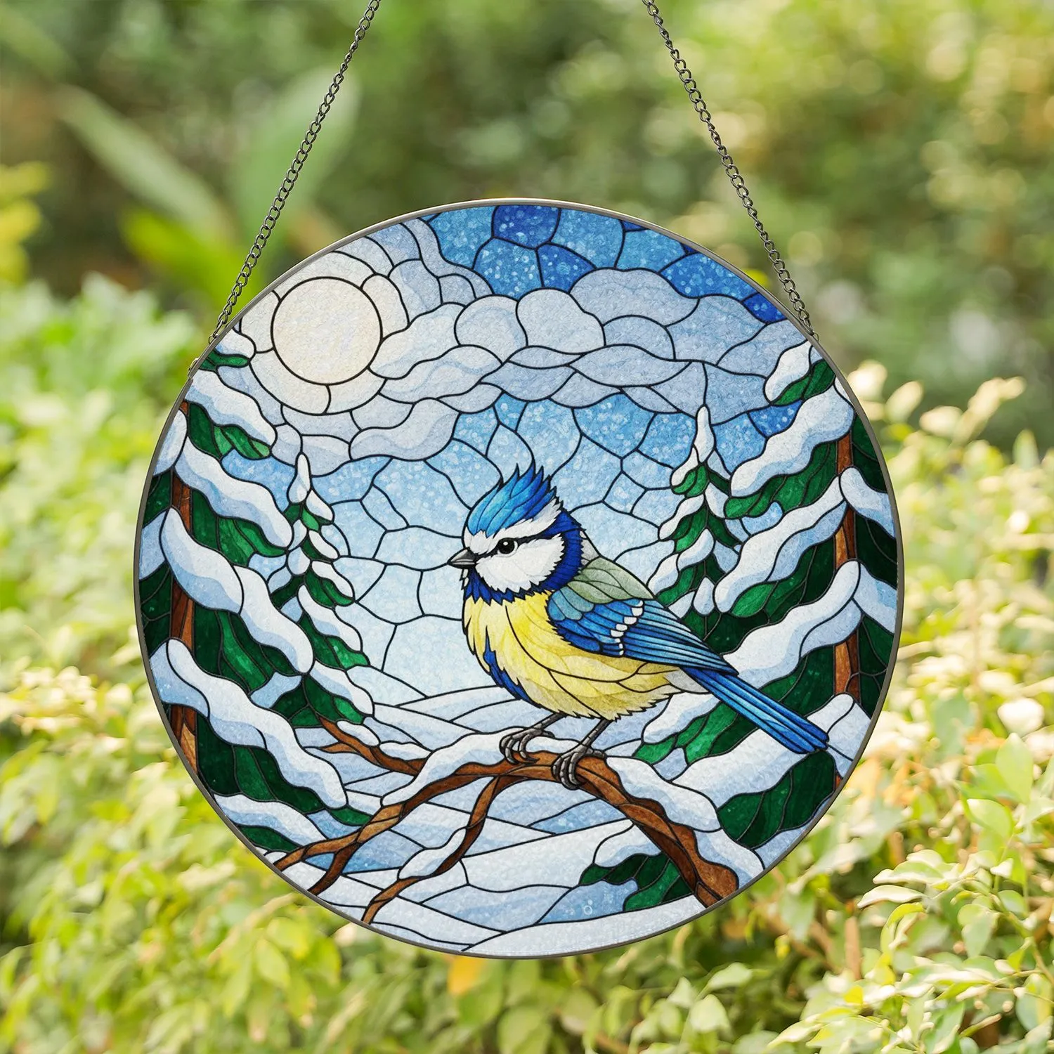 Blue Tit Bird Winter Snow Pine Tree Landscape Stained Glass Art - Jewel Tone Full Moon Stained Glass Suncatcher - 1
