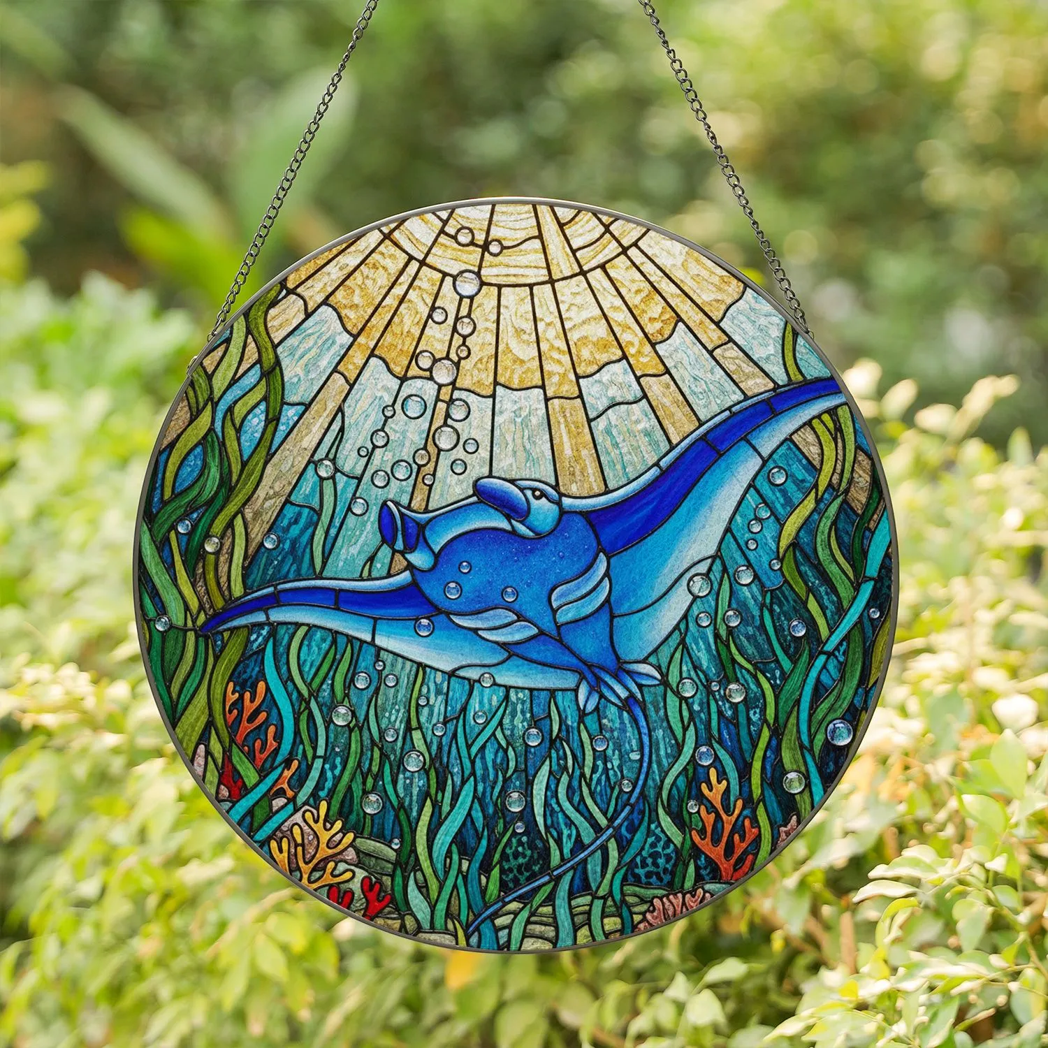 Blue Manta Ray Stained Glass Ocean Art - Underwater Kelp Seaweed Sunbeams Colorful Design Stained Glass Suncatcher - 1